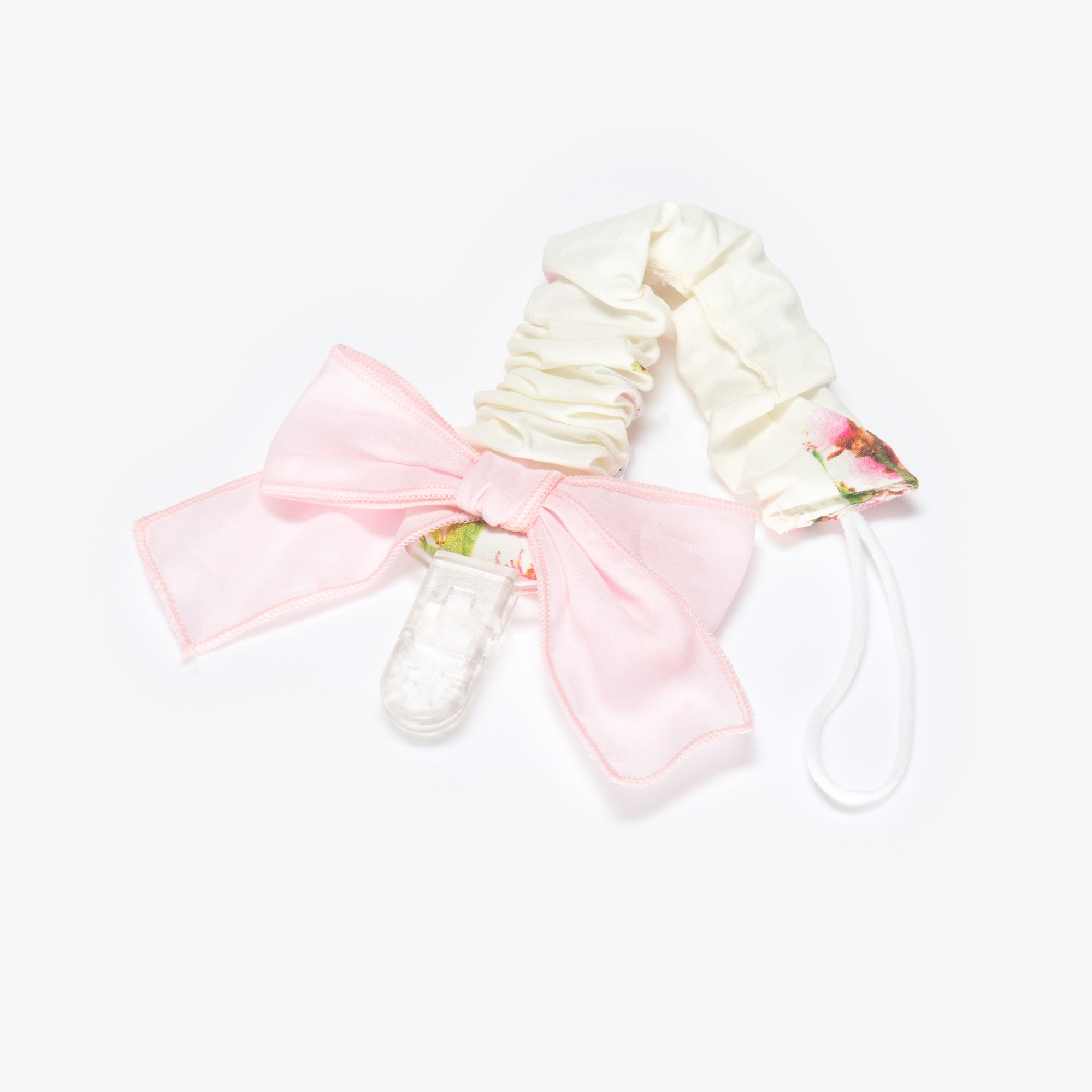Baby Girls Ivory Blossom Print Dummy Clip with Pink Bow - View 3