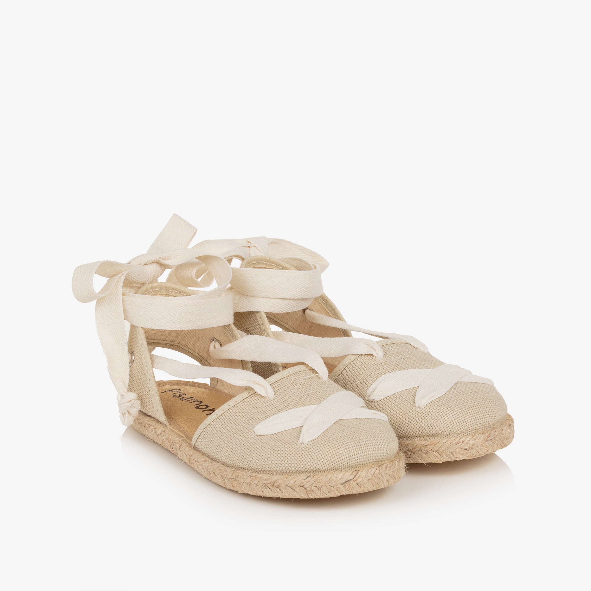 Girls Beige Espadrilles with Ivory Ribbon Ties - View 1