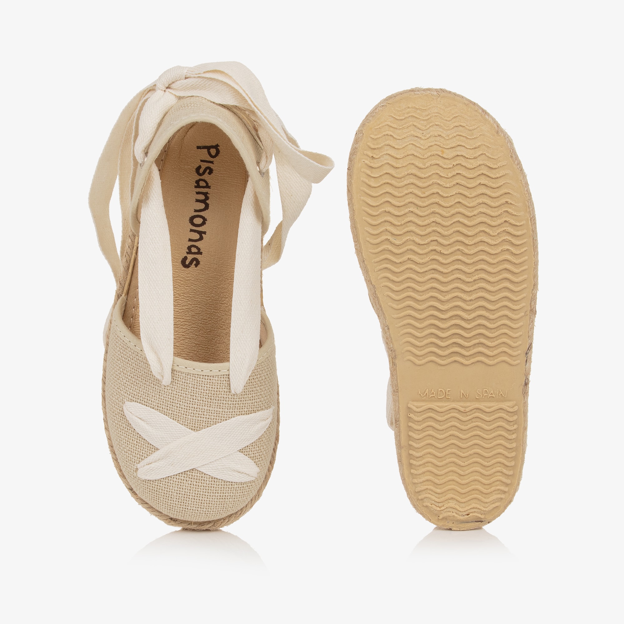 Girls Beige Espadrilles with Ivory Ribbon Ties - View 4