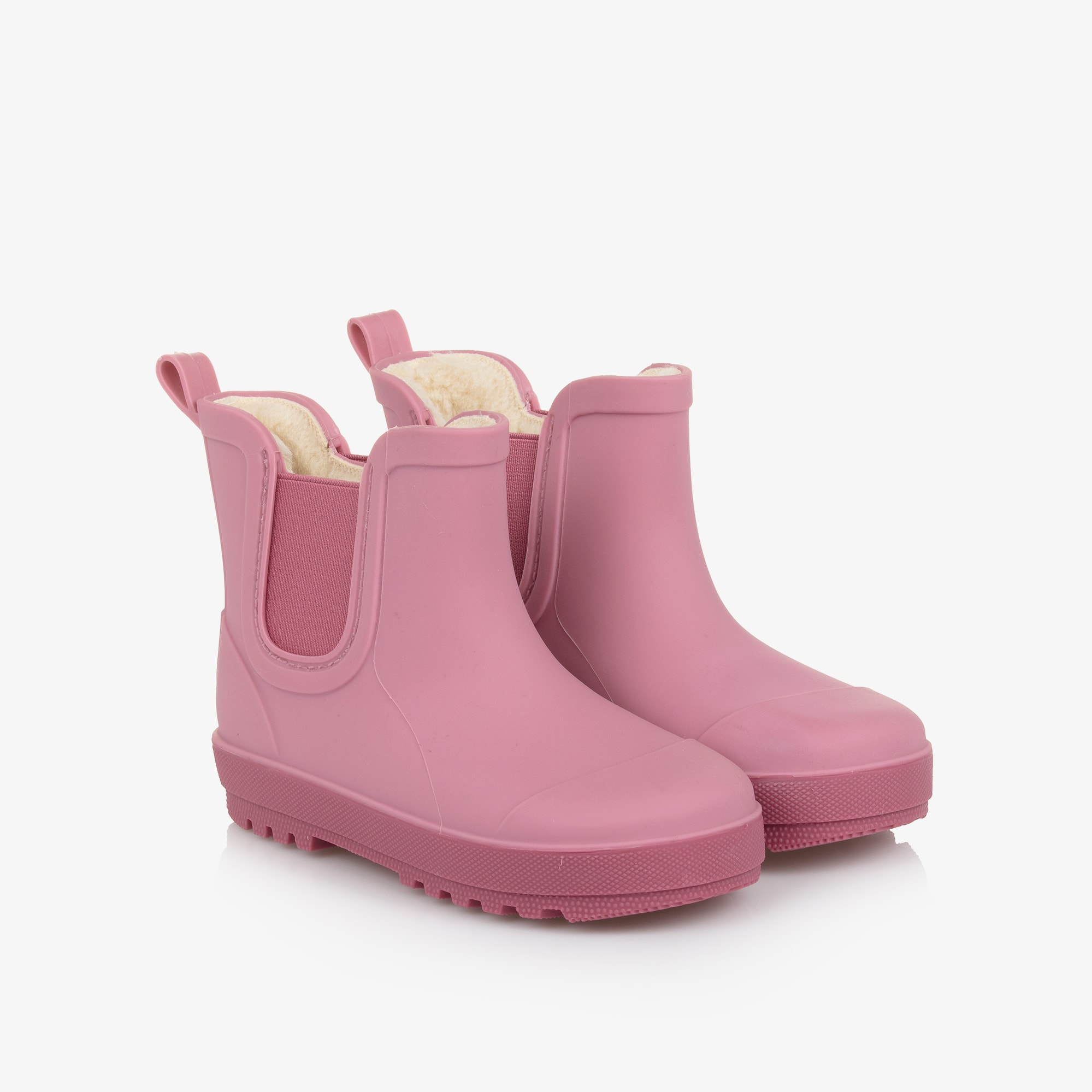 Pink Rubber Ankle Rain Boots with Faux Fur Lining - View 1