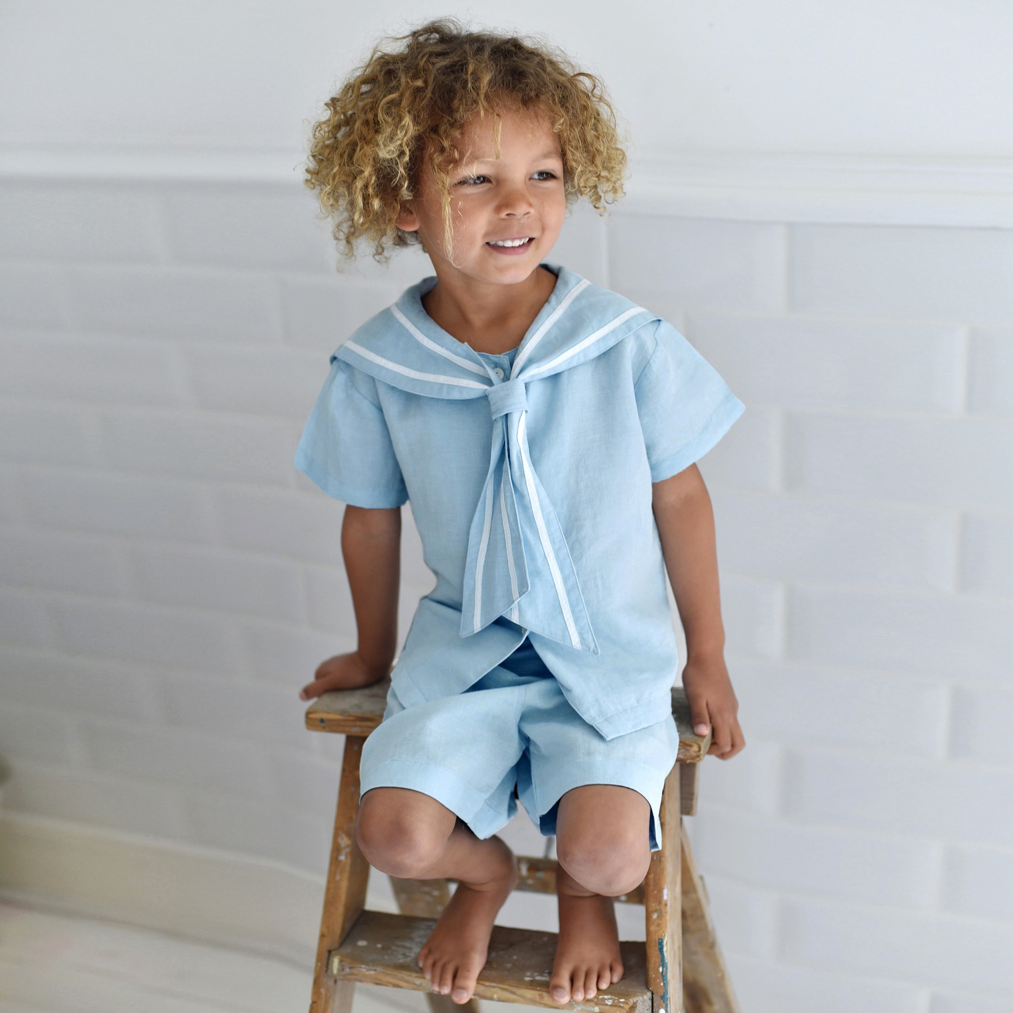 Boys Blue Linen Shorts Set - View 2