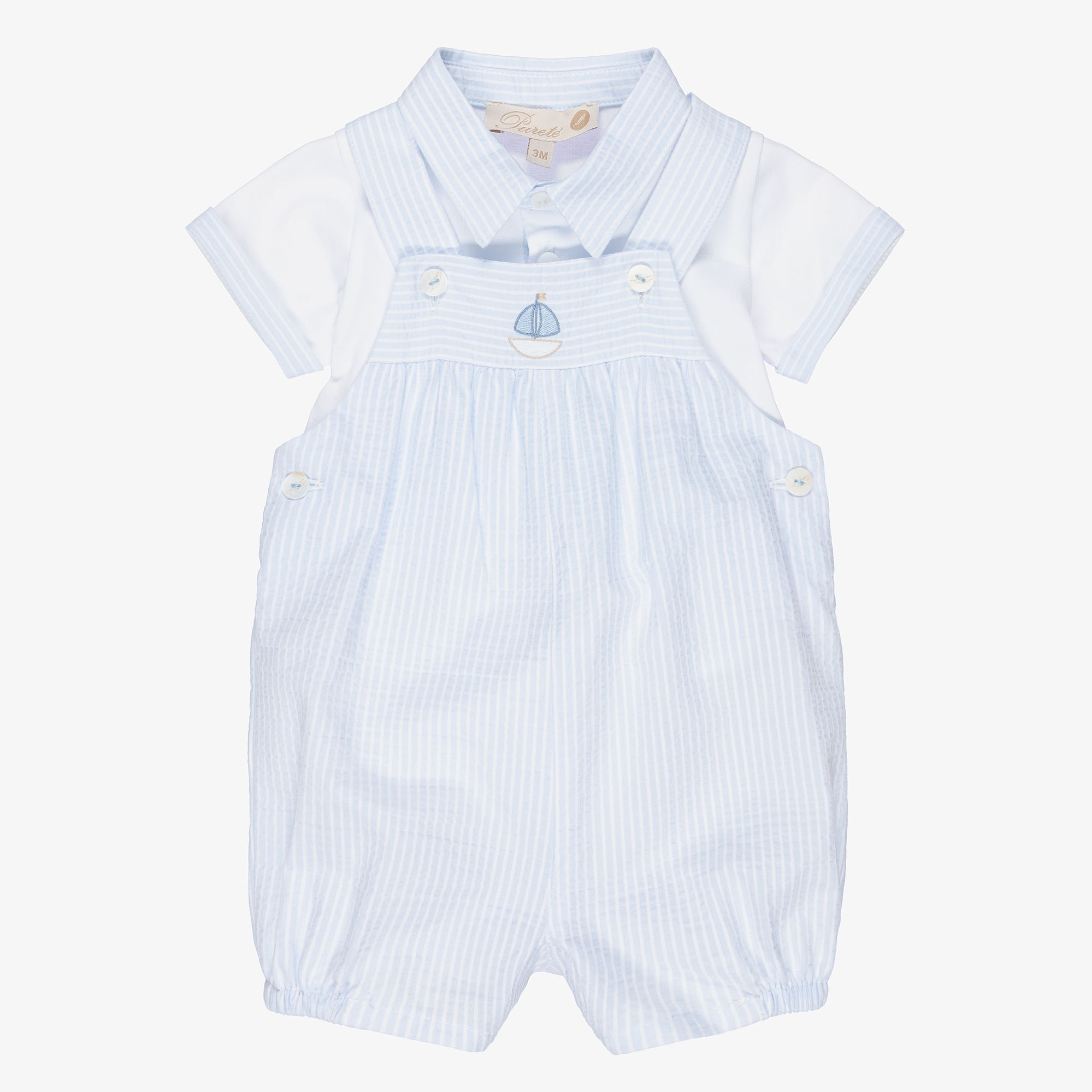 Baby Boys Pale Blue Striped Dungaree Set - View 1