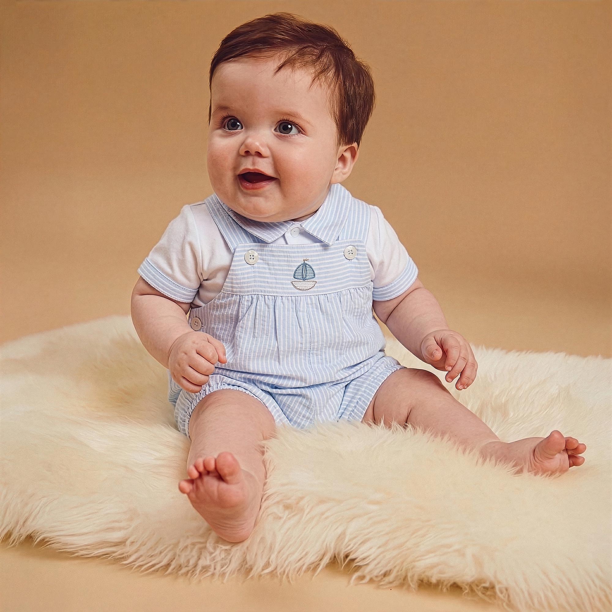 Baby Boys Pale Blue Striped Dungaree Set - View 2