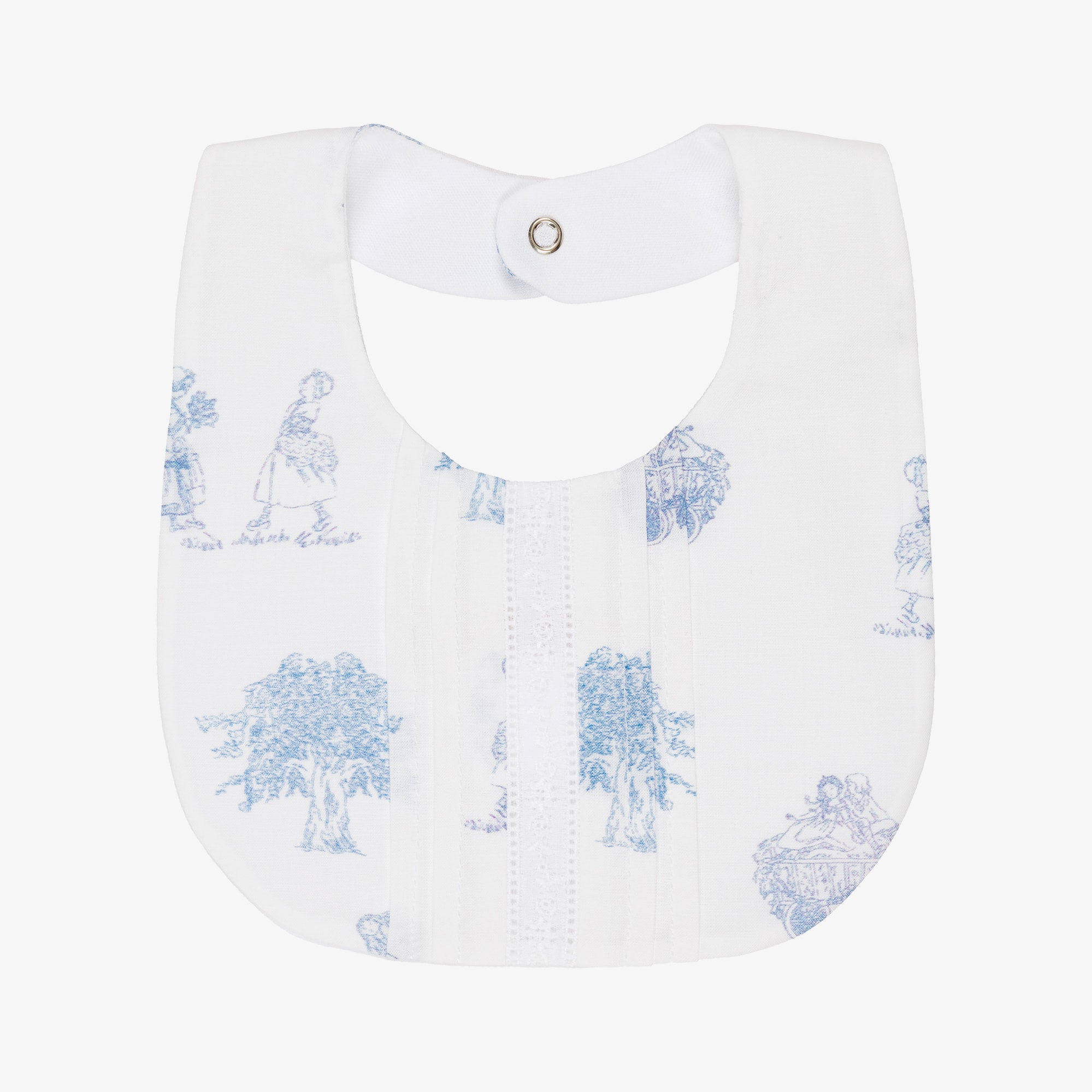 Baby Boys White & Blue Cotton Toile De Jouy Bib - View 1