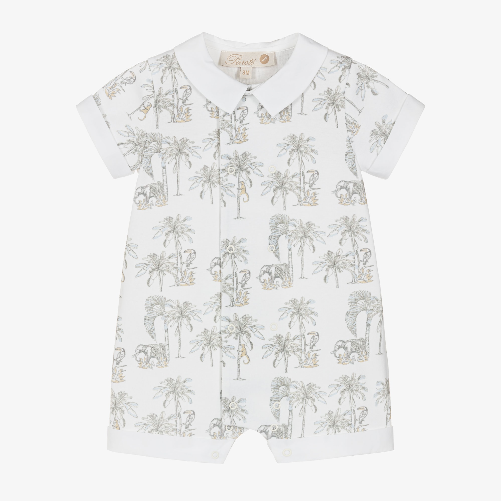 Baby Boys White Cotton Shortie with Grey Jungle Print - View 1