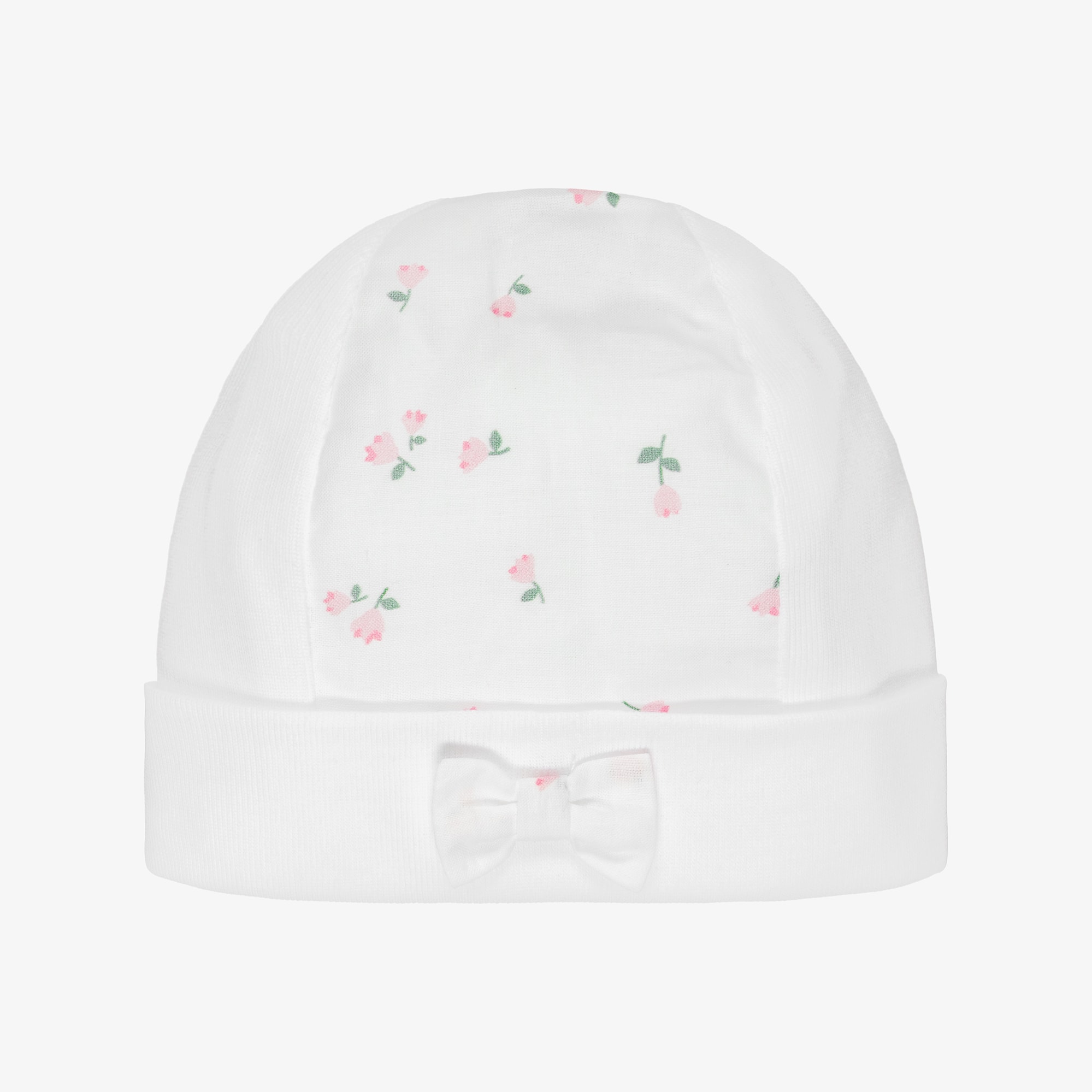 Baby Girls White & Pink Cotton Floral Layette Hat - View 1