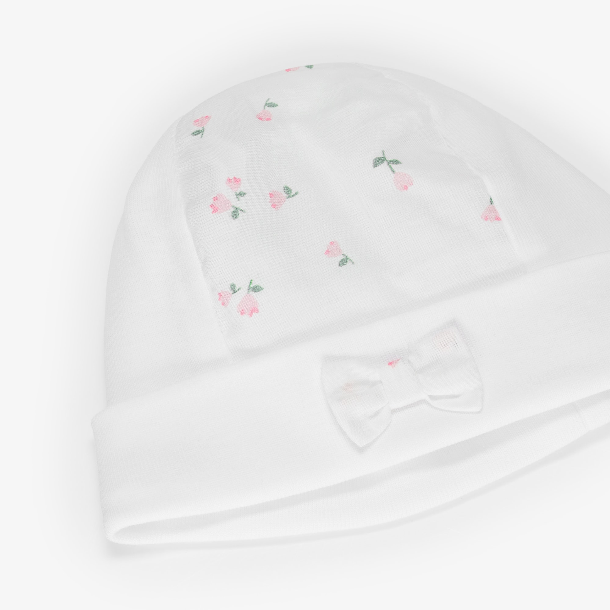 Baby Girls White & Pink Cotton Floral Layette Hat - View 3
