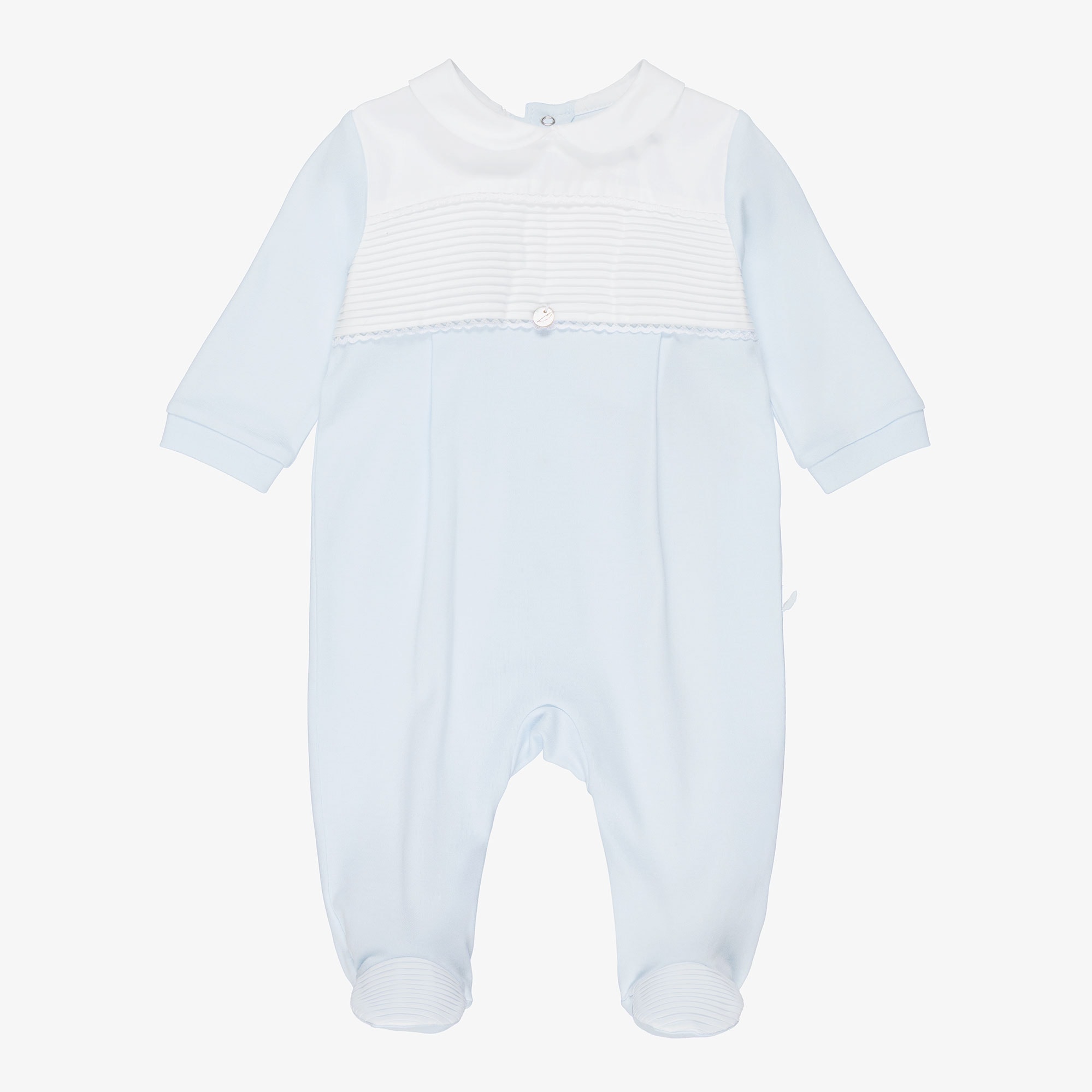 Boys Blue & White Cotton Pintuck Babygrow - View 1