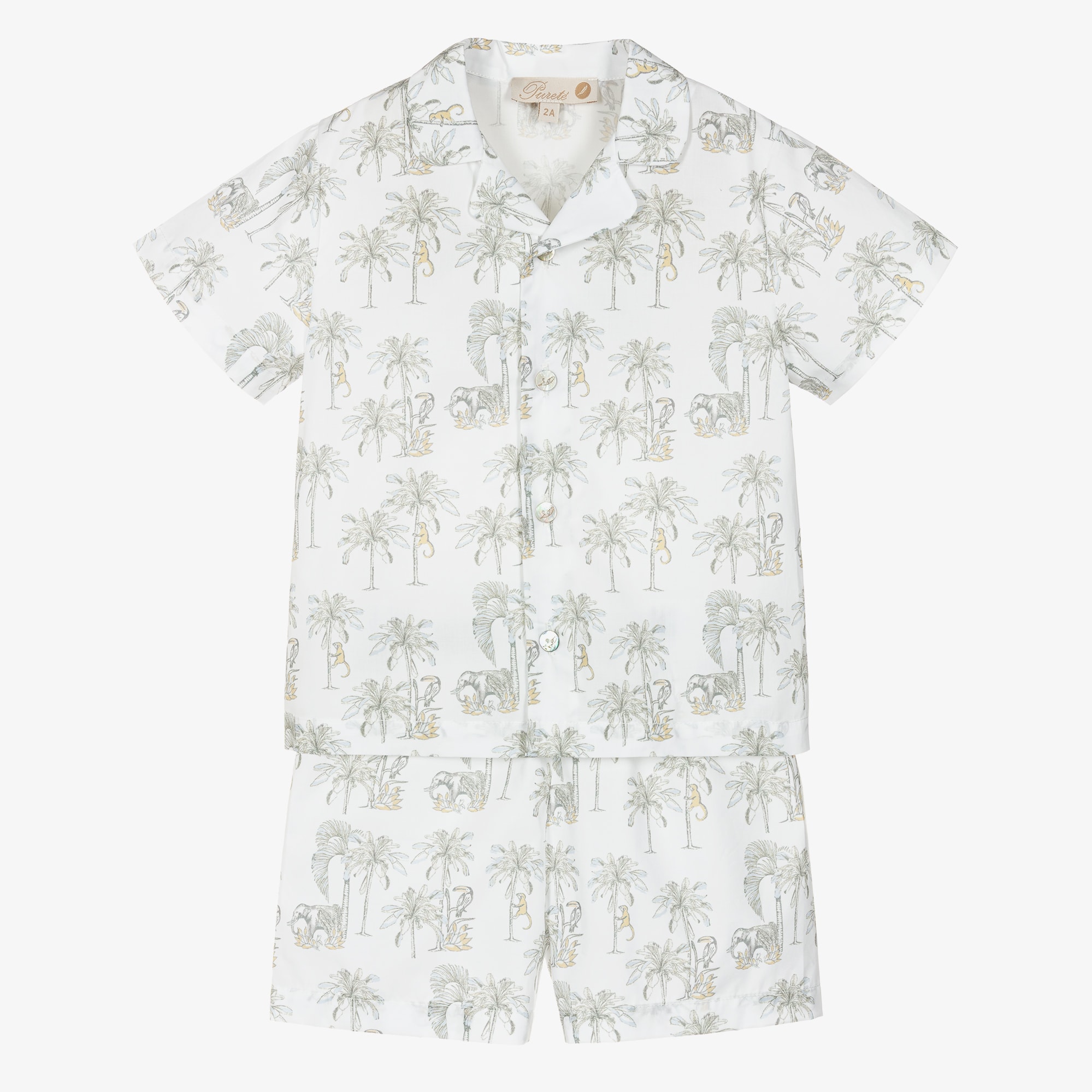 Boys Short White Cotton Pyjamas with Grey Jungle Print - View 1