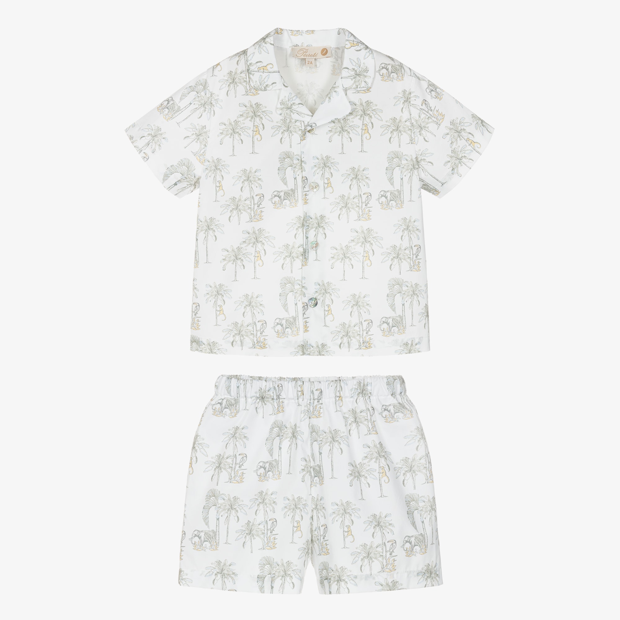 Boys Short White Cotton Pyjamas with Grey Jungle Print - View 2