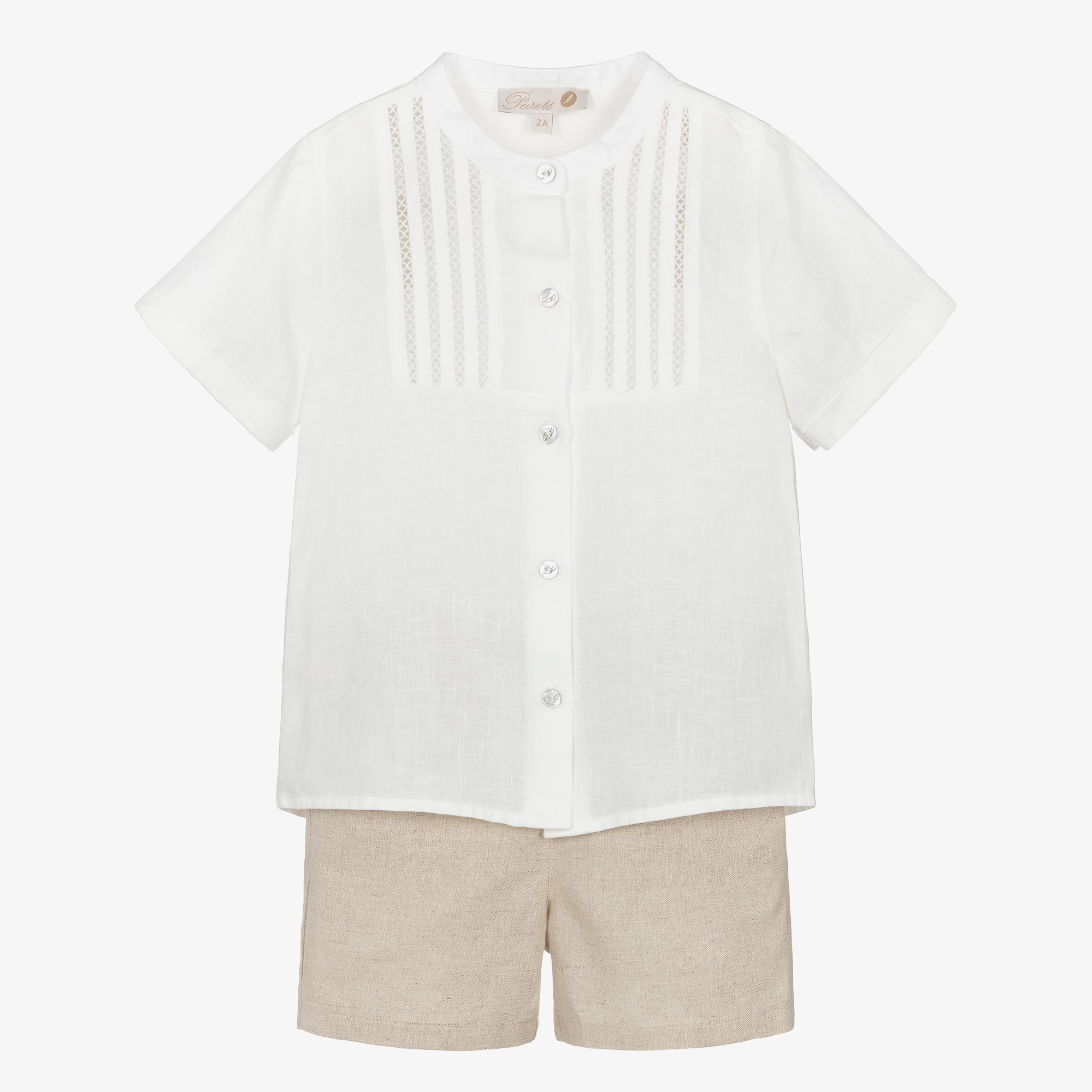 Boys White & Beige Shorts Set with Lacey Trim - View 1