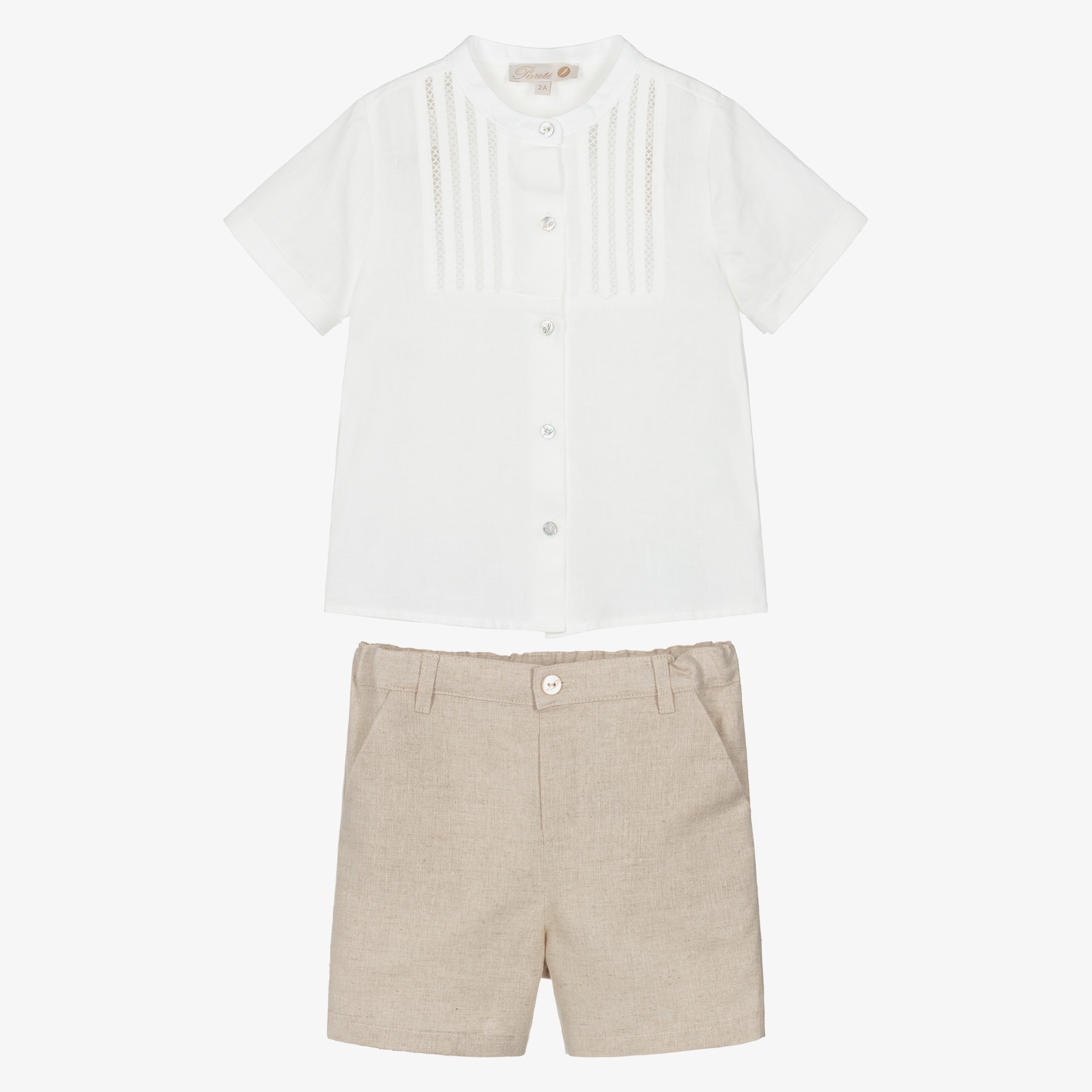 Boys White & Beige Shorts Set with Lacey Trim - View 2