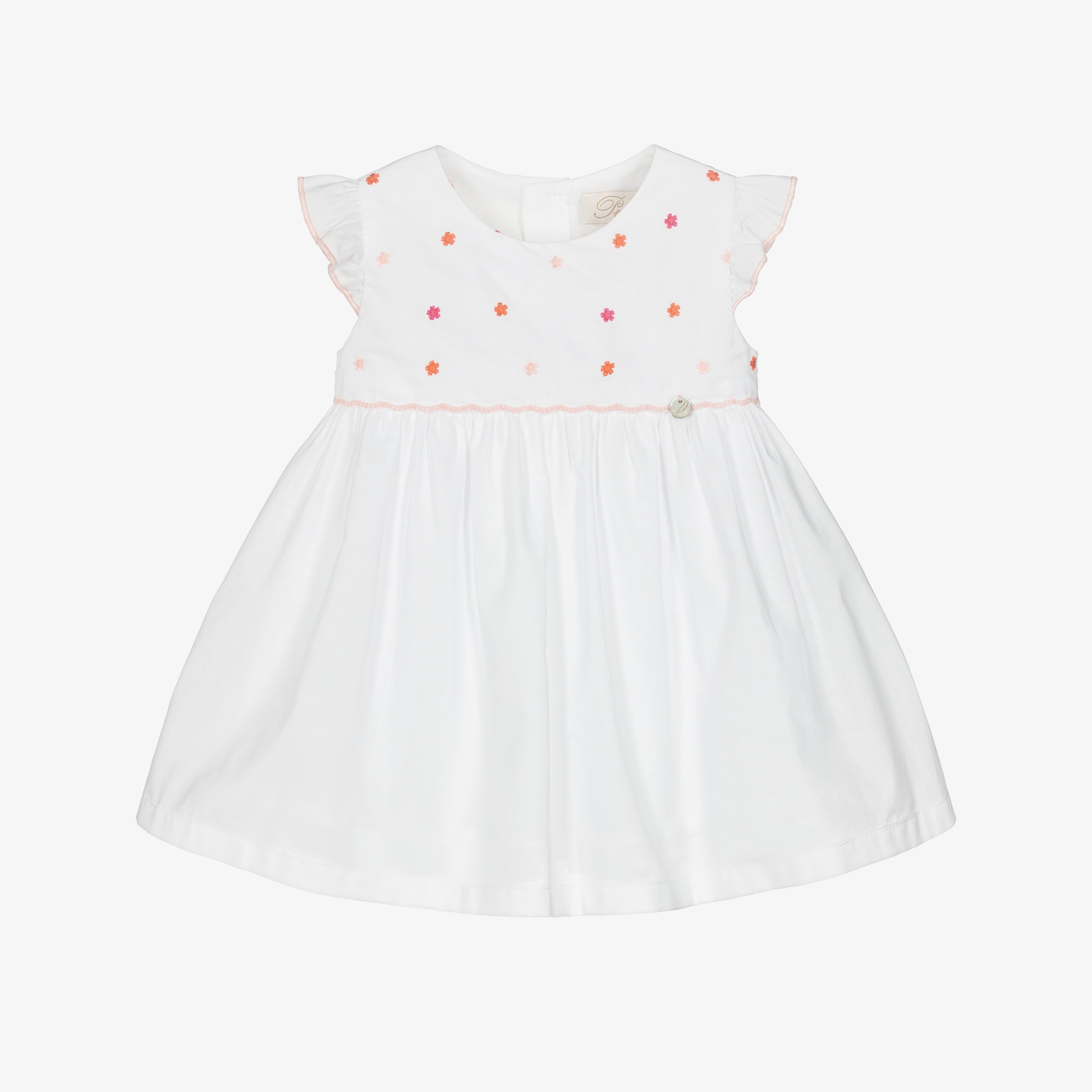 Girls White Cotton Dress with Embroidered Pink Flowers - View 1