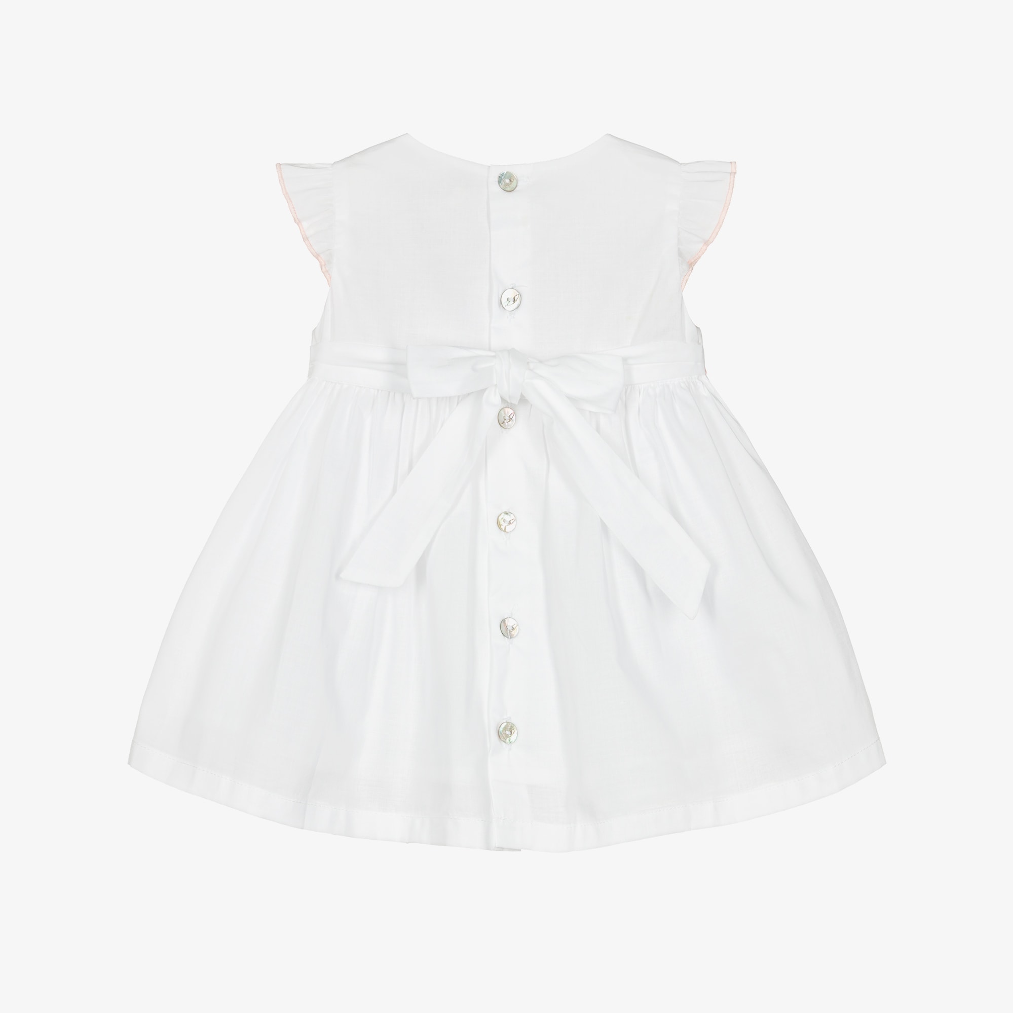 Girls White Cotton Dress with Embroidered Pink Flowers - View 2