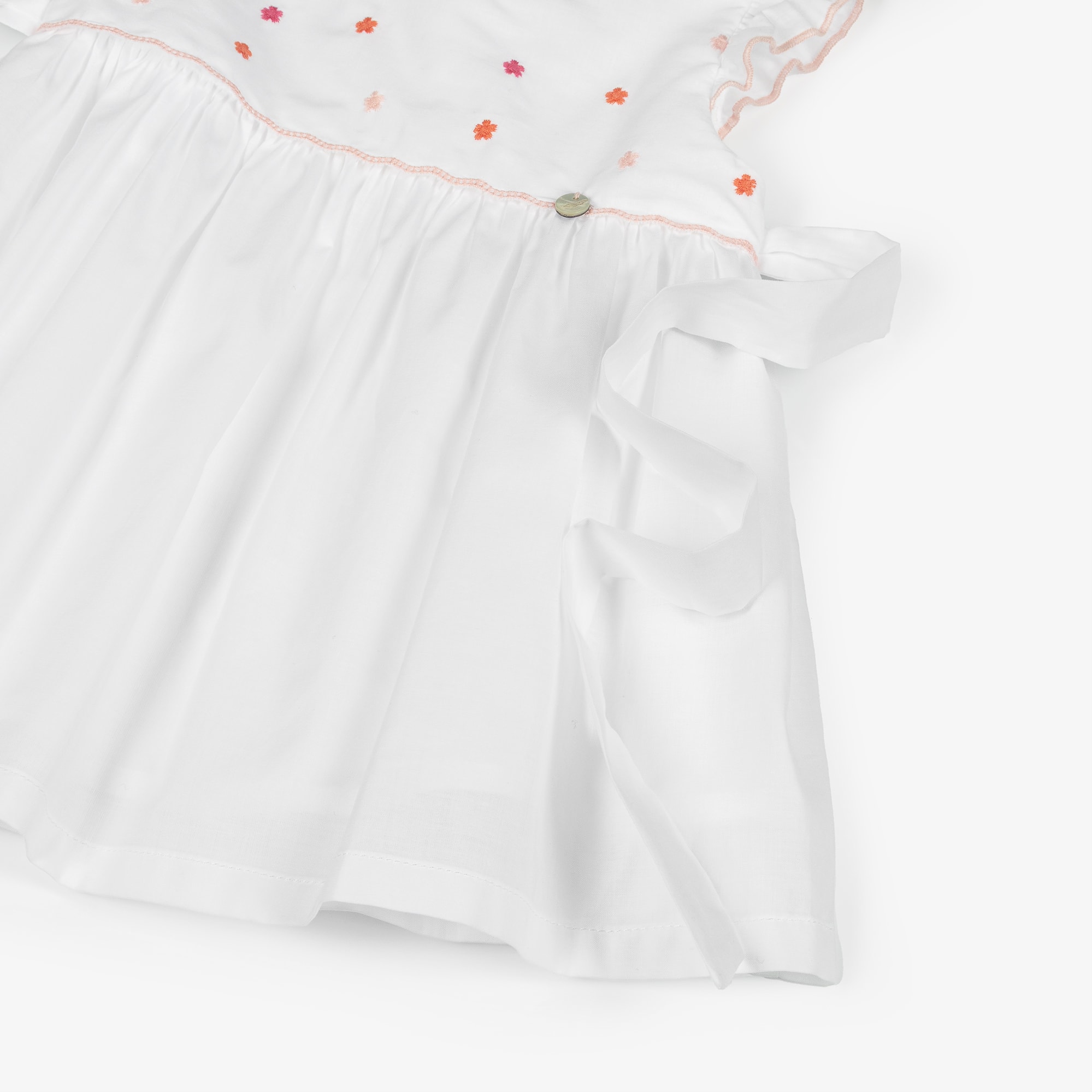 Girls White Cotton Dress with Embroidered Pink Flowers - View 3