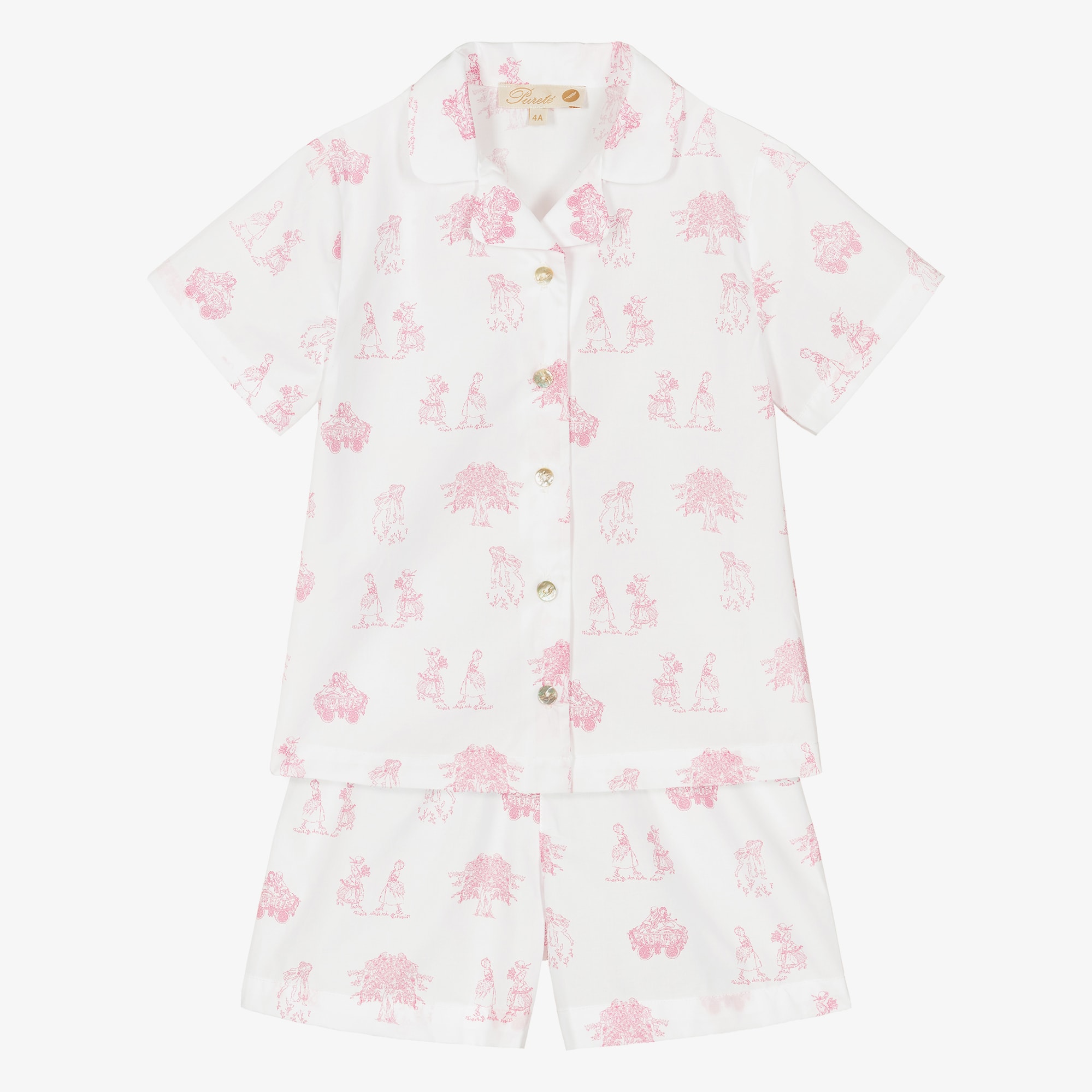 Girls White & Pink Toile De Jouy Cotton Pyjamas - View 1
