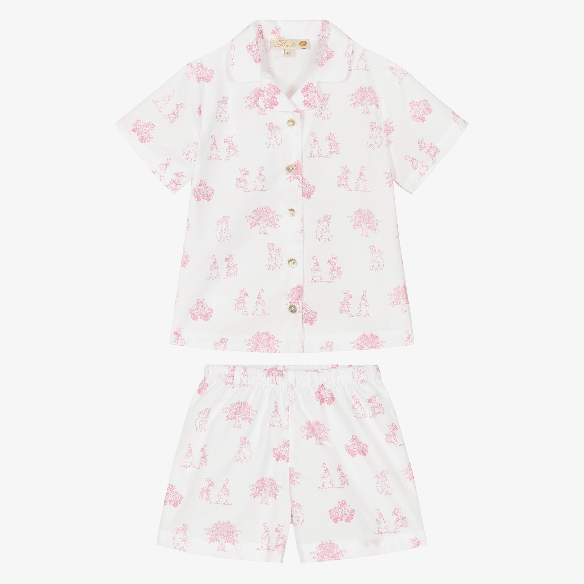 Girls White & Pink Toile De Jouy Cotton Pyjamas - View 2