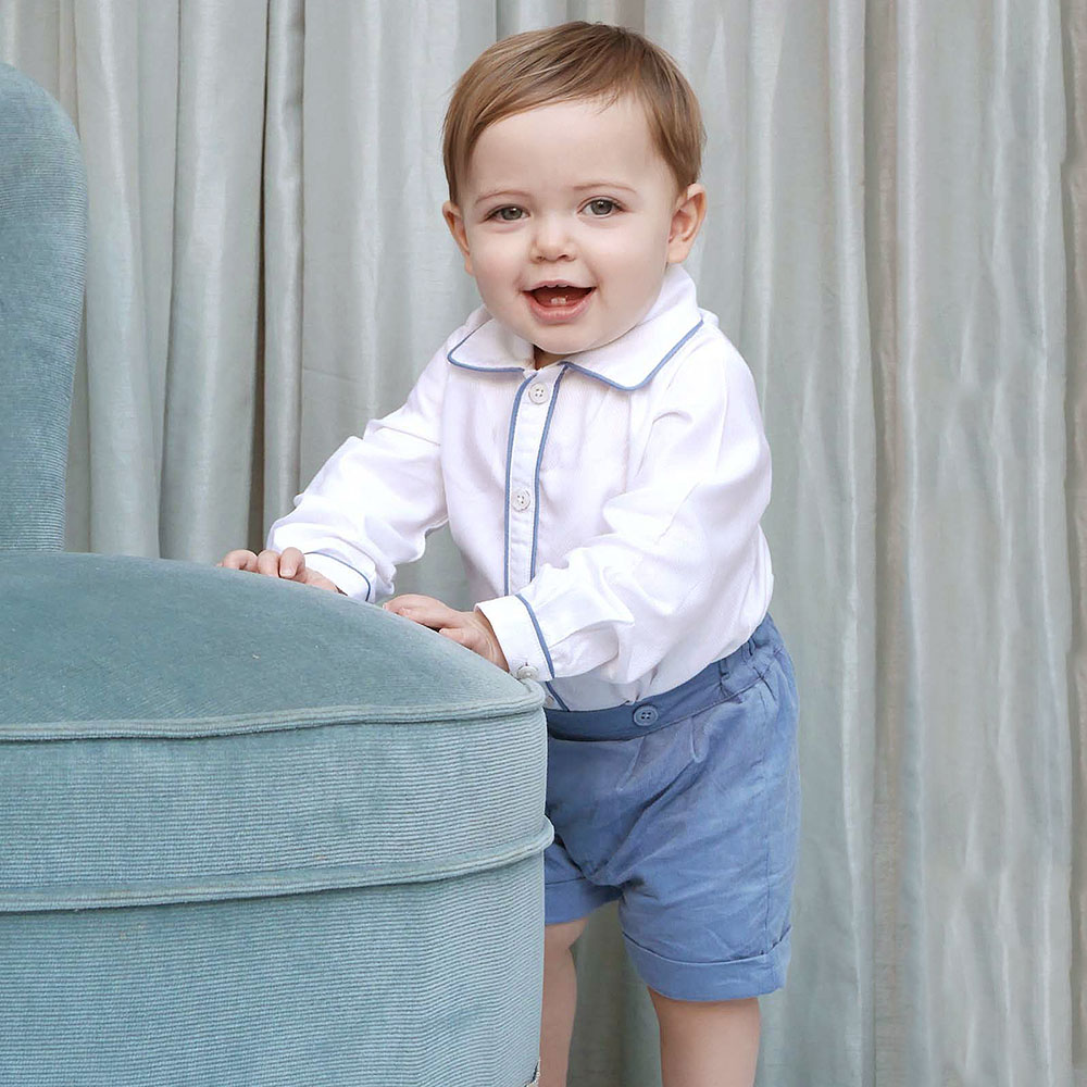 Boys Blue & Ivory Cotton Buster Suit - View 2