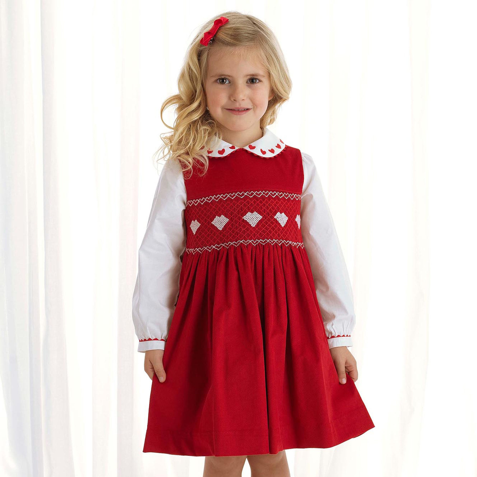 Girls Red Hand-Smocked Dress - View 2