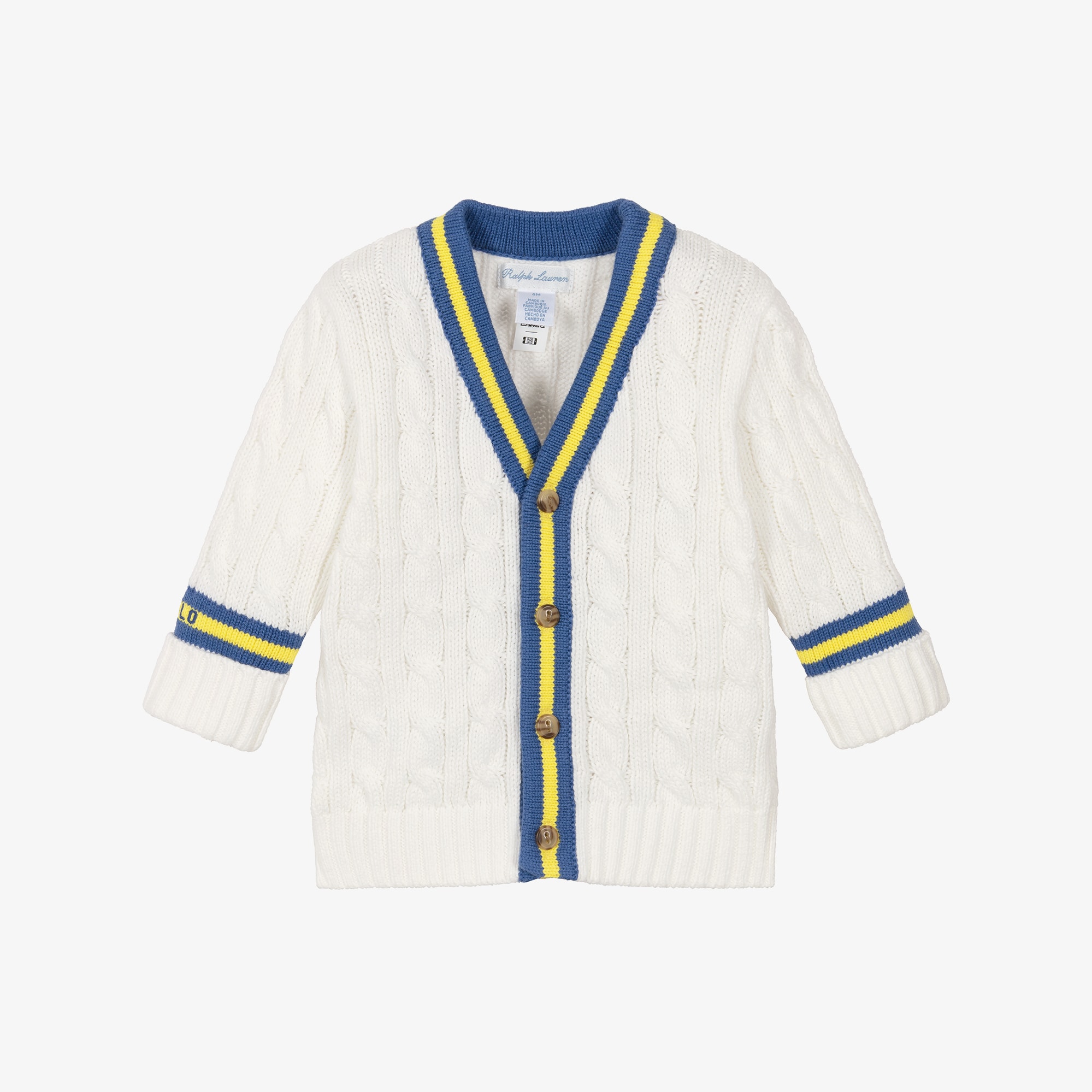 Baby Boys Ivory Cotton Cable Knit Cardigan with Blue Trim - View 1