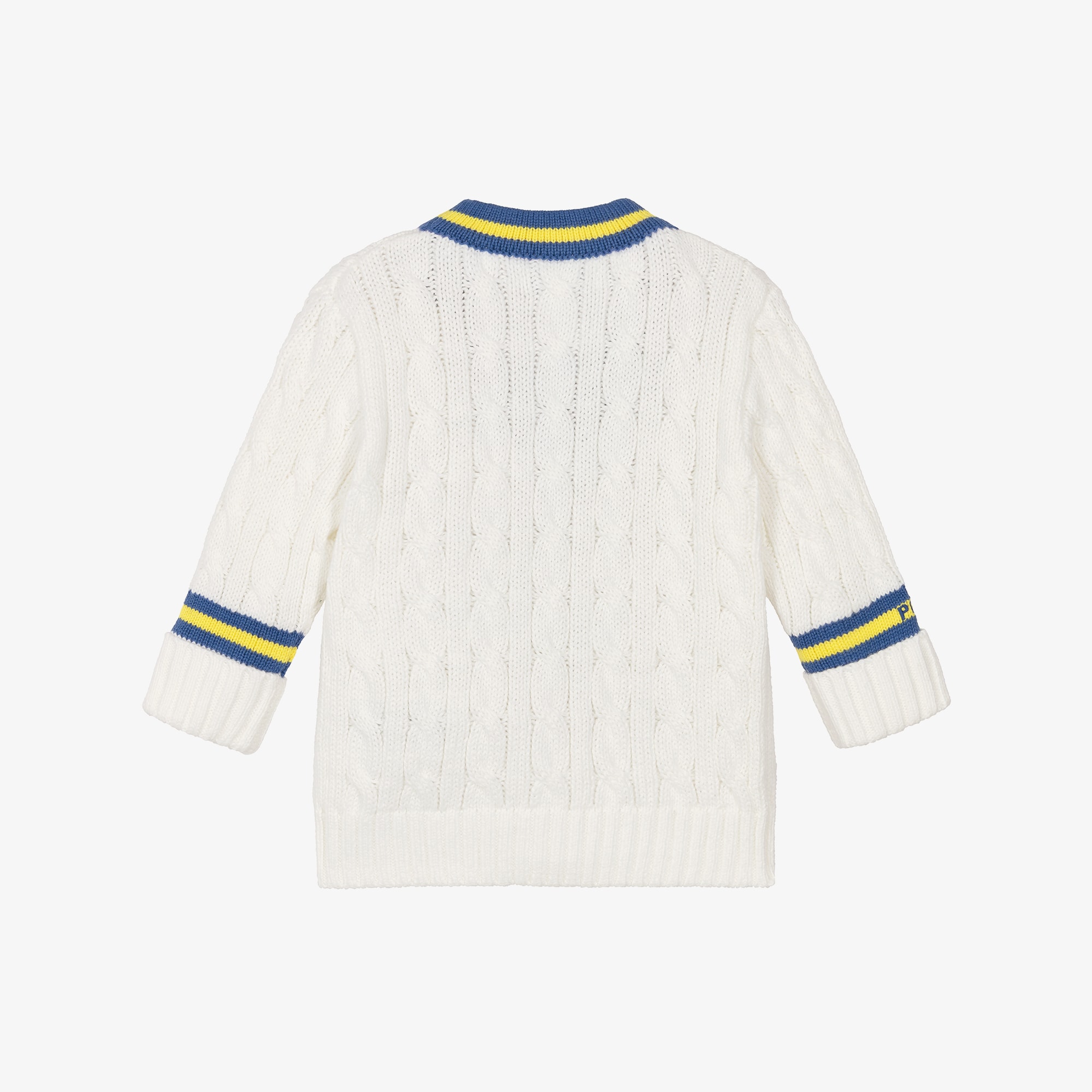 Baby Boys Ivory Cotton Cable Knit Cardigan with Blue Trim - View 2