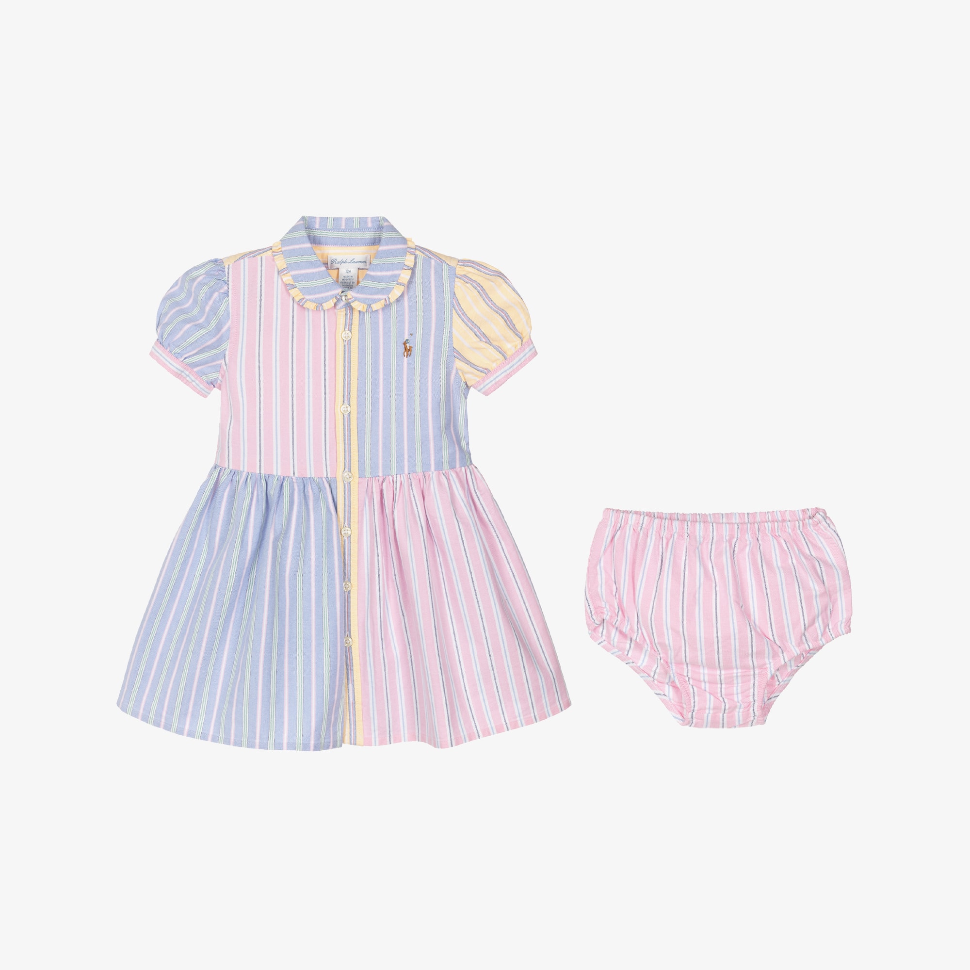 Baby Girls Pink & Blue Colourblock Stripe Cotton Dress - View 3