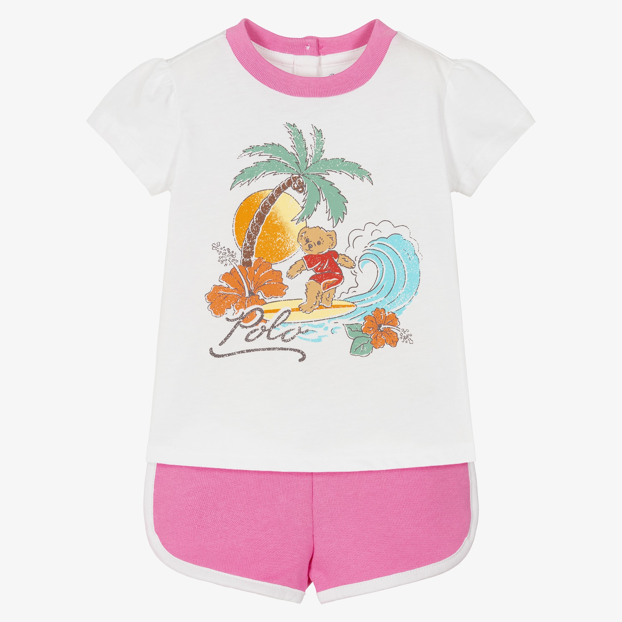 Baby Girls White & Pink Polo Bear Shorts Set - View 1