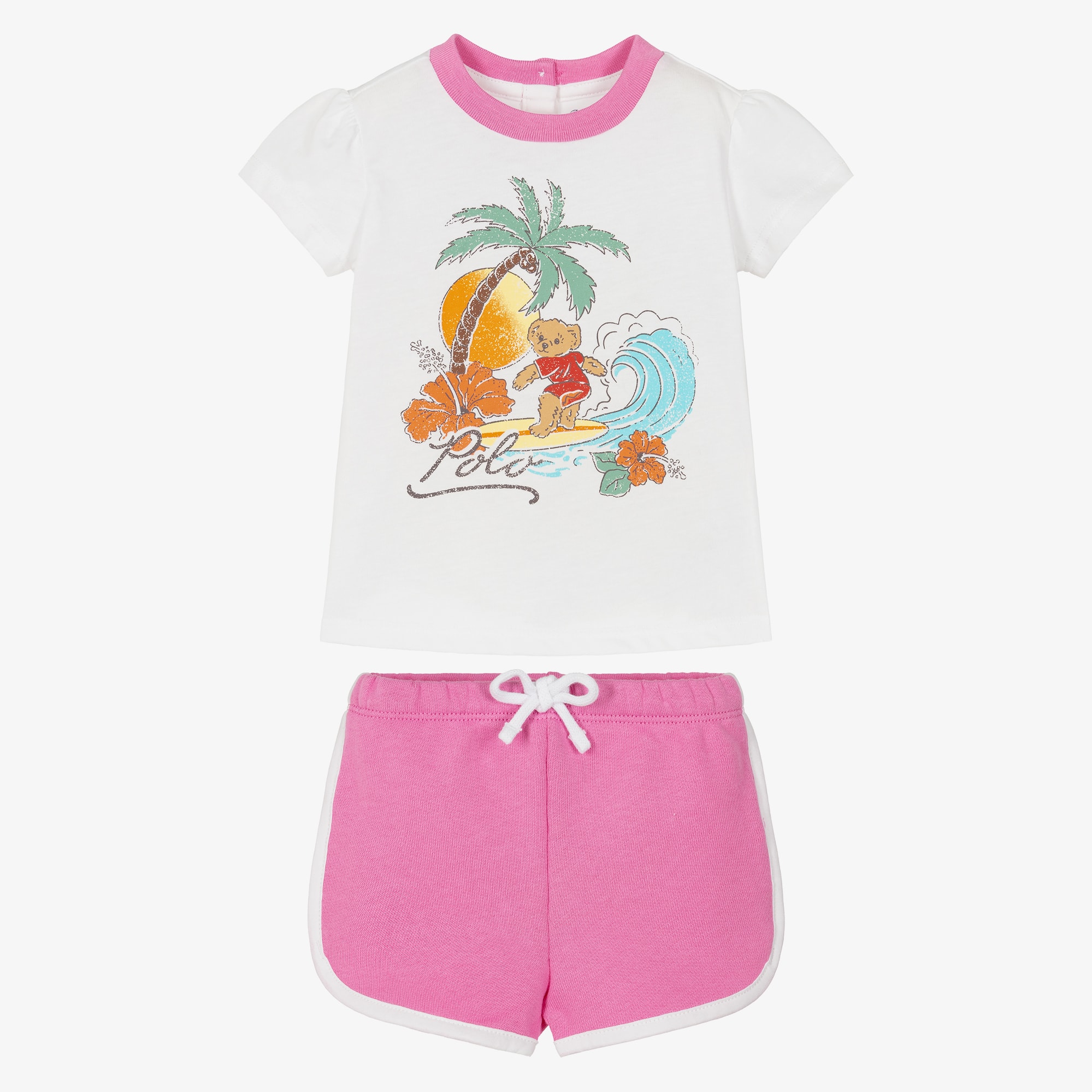 Baby Girls White & Pink Polo Bear Shorts Set - View 2