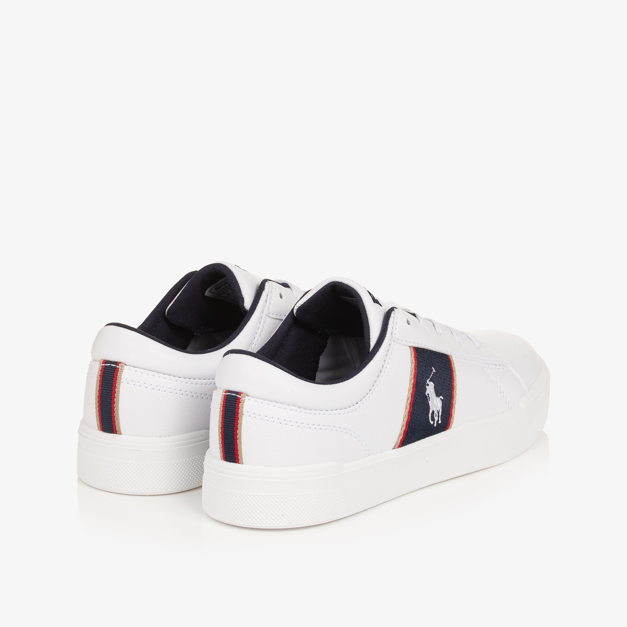 Boys White Faux Leather Lace-up Trainers with Navy Panels - View 2