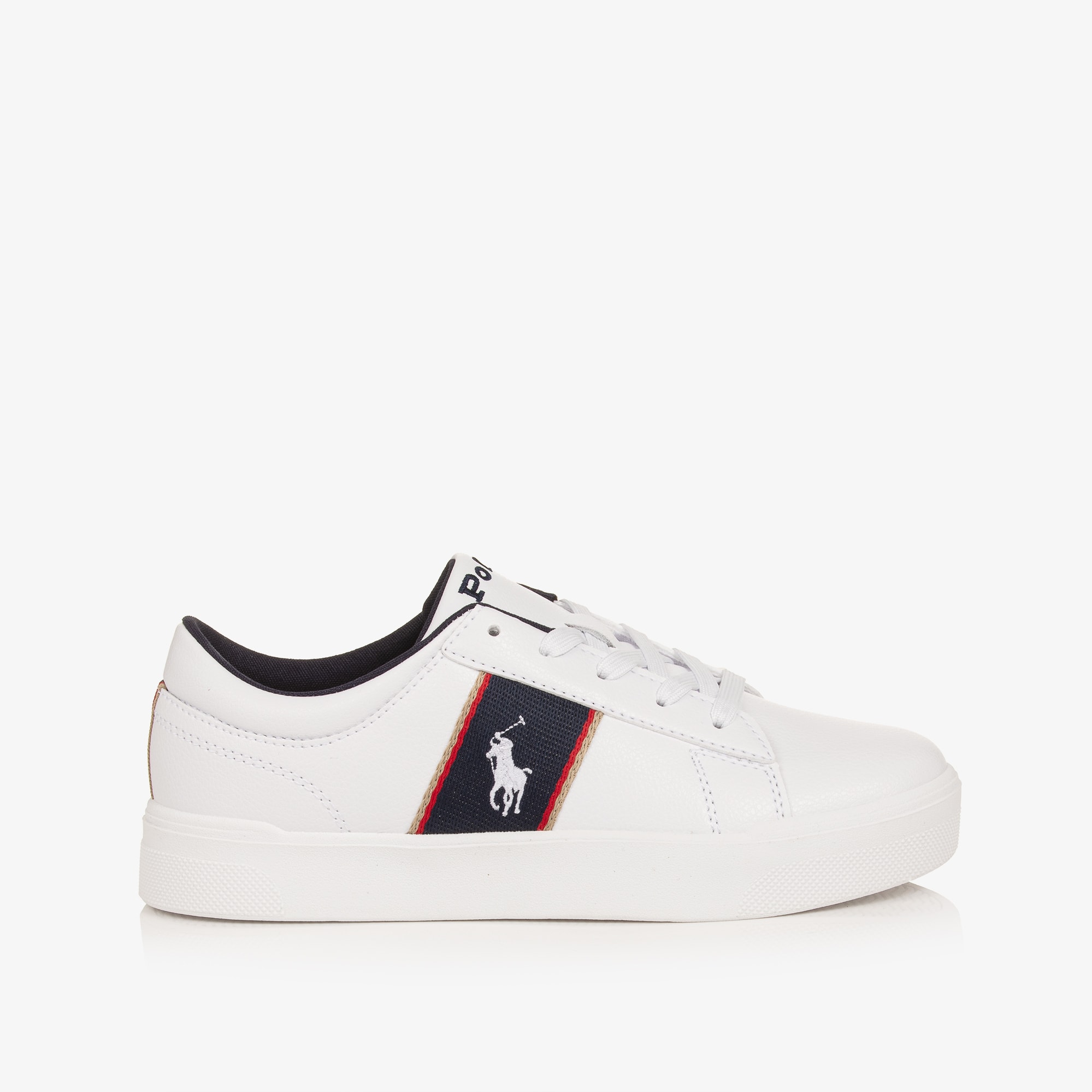 Boys White Faux Leather Lace-up Trainers with Navy Panels - View 4