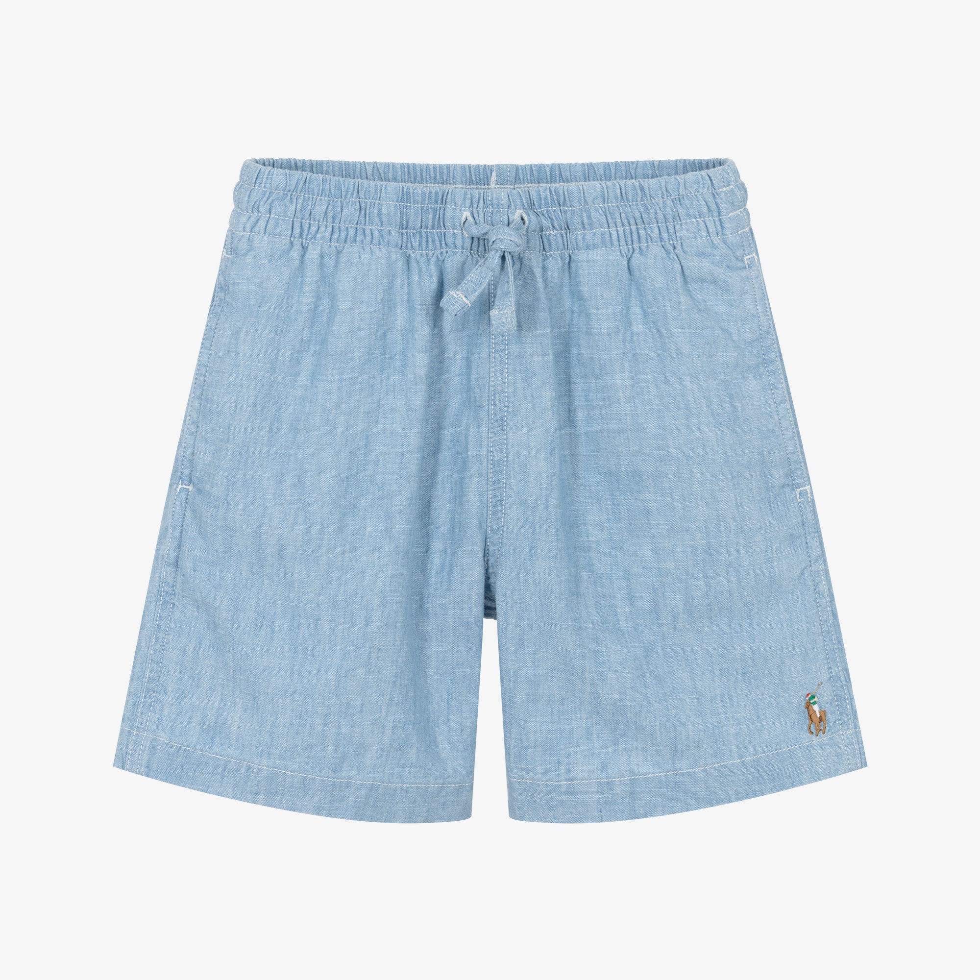 Girls Light Blue Chambray Shorts with Pony Logo Embroidery - View 1
