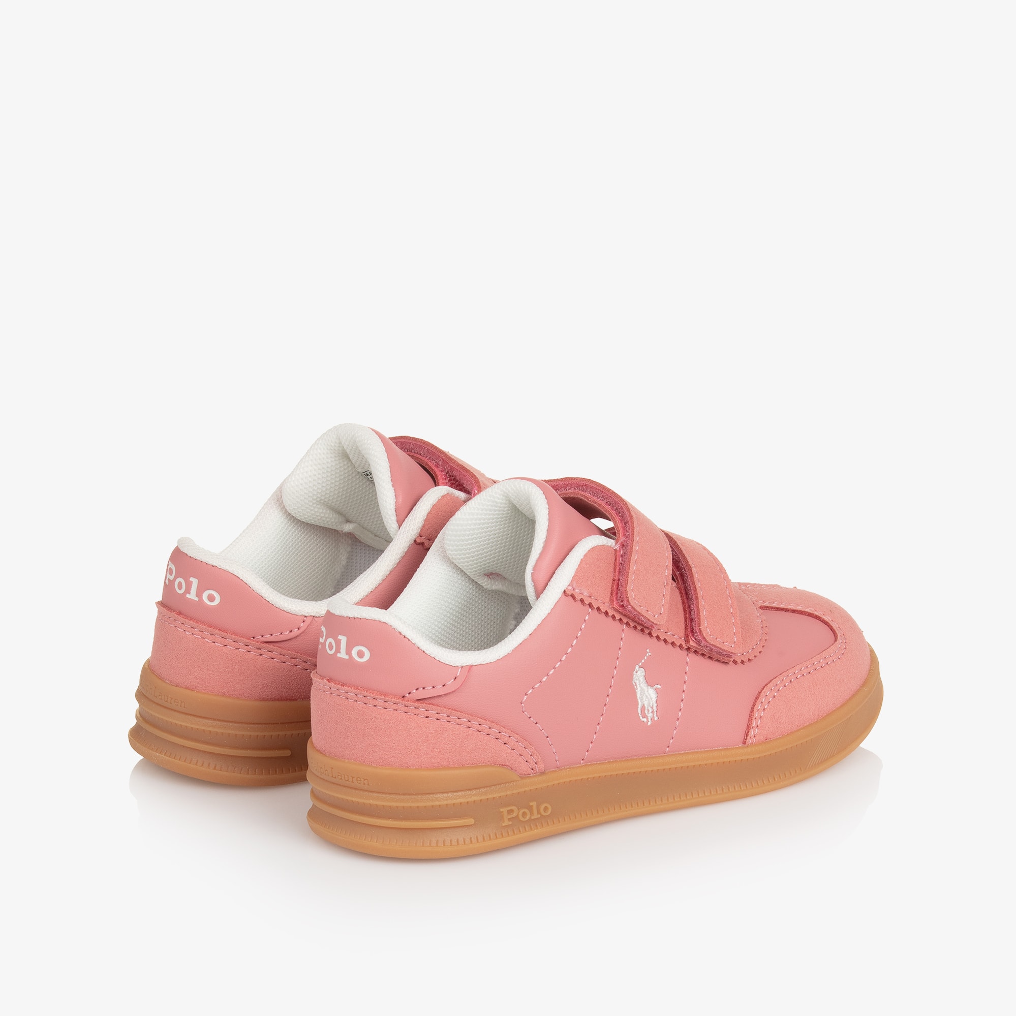 Girls Pink Faux Leather Velcro Trainers with Pony Logos - View 2