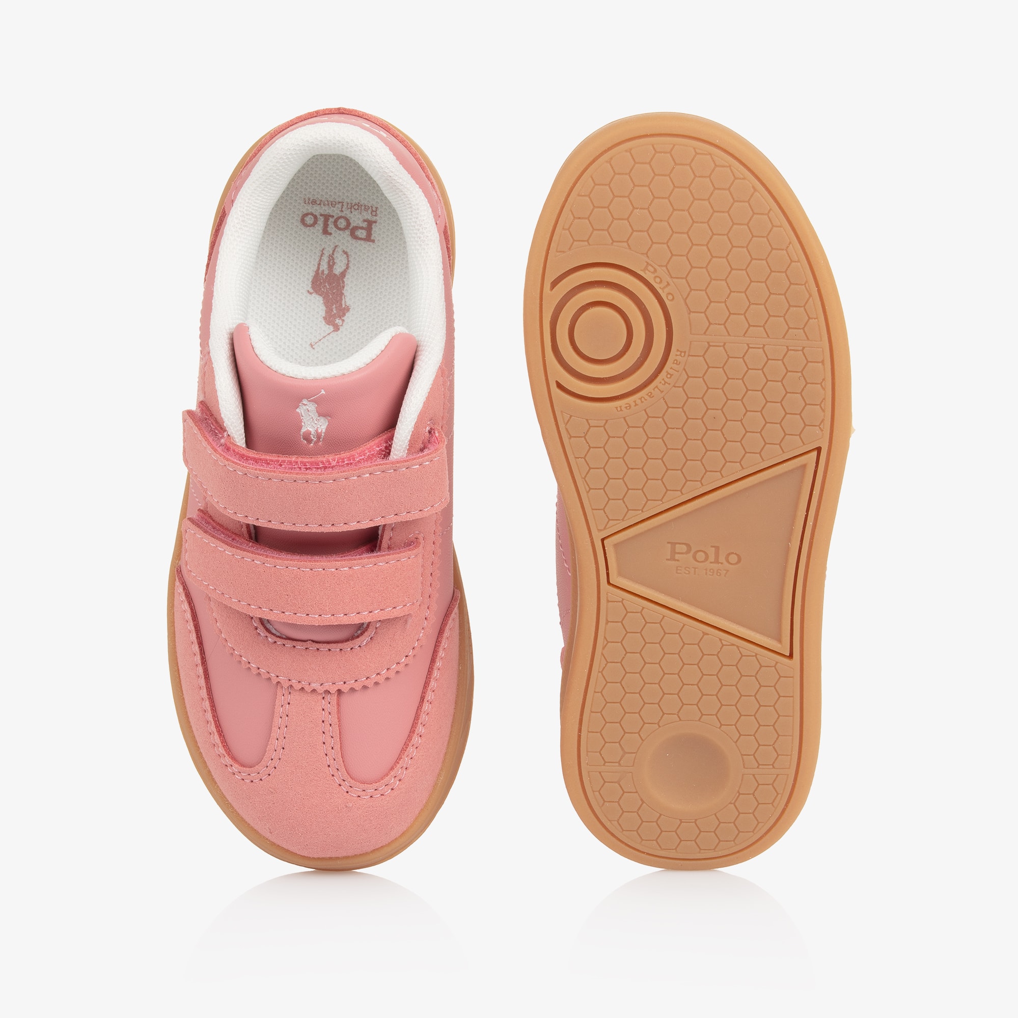 Girls Pink Faux Leather Velcro Trainers with Pony Logos - View 3