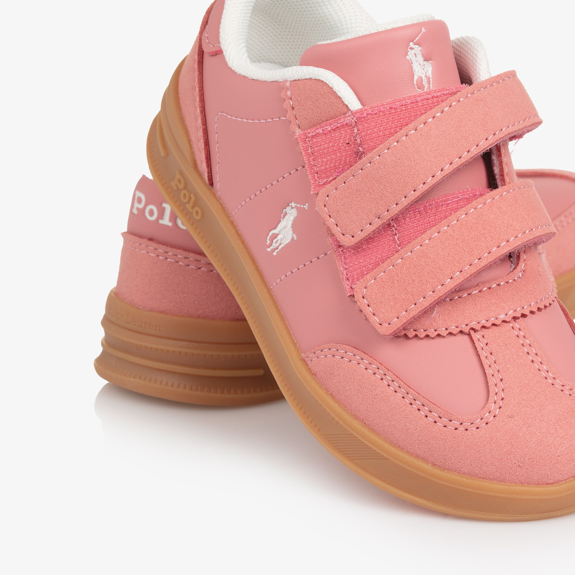 Girls Pink Faux Leather Velcro Trainers with Pony Logos - View 5