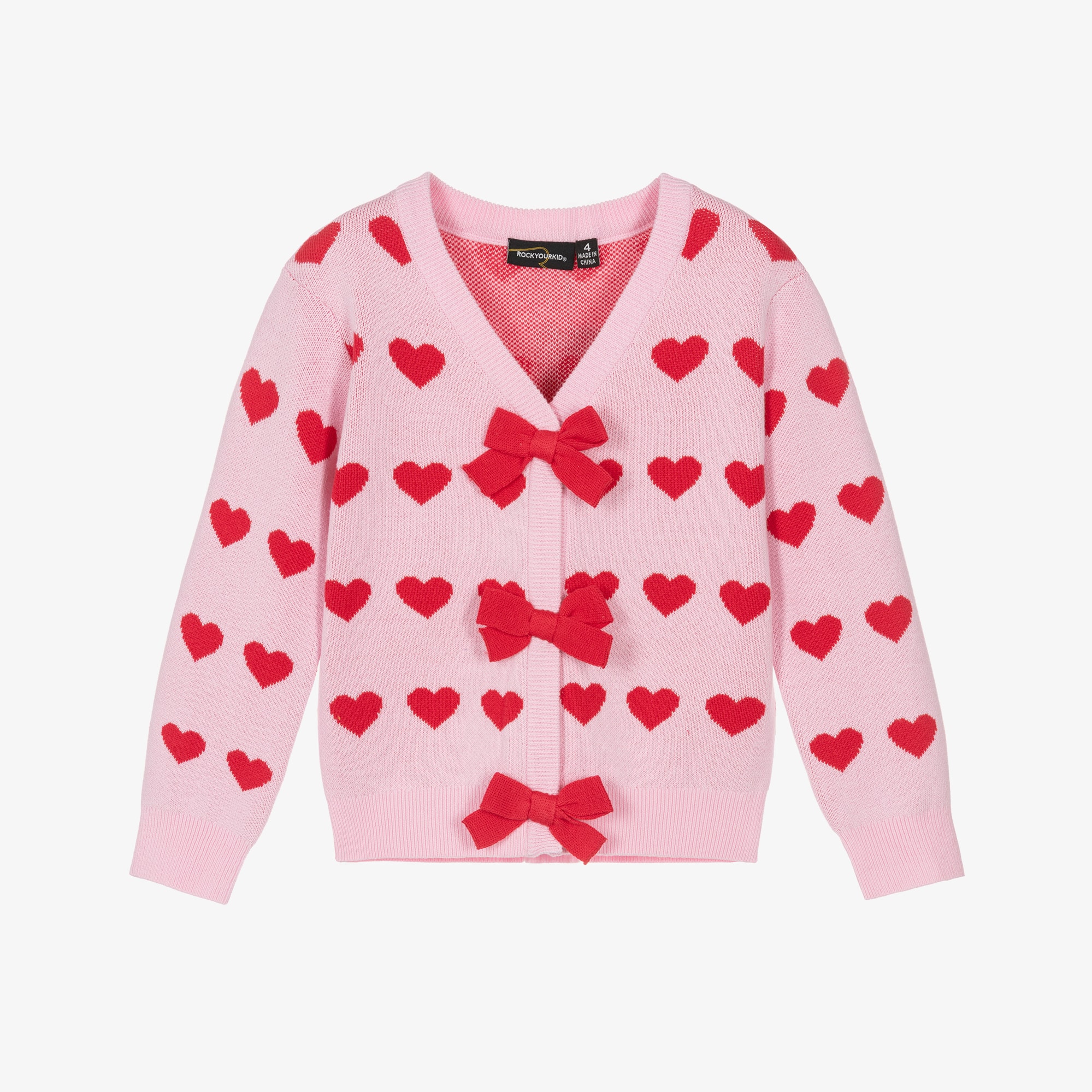 Girls Pink Knitted Cardigan with Red Hearts - View 1