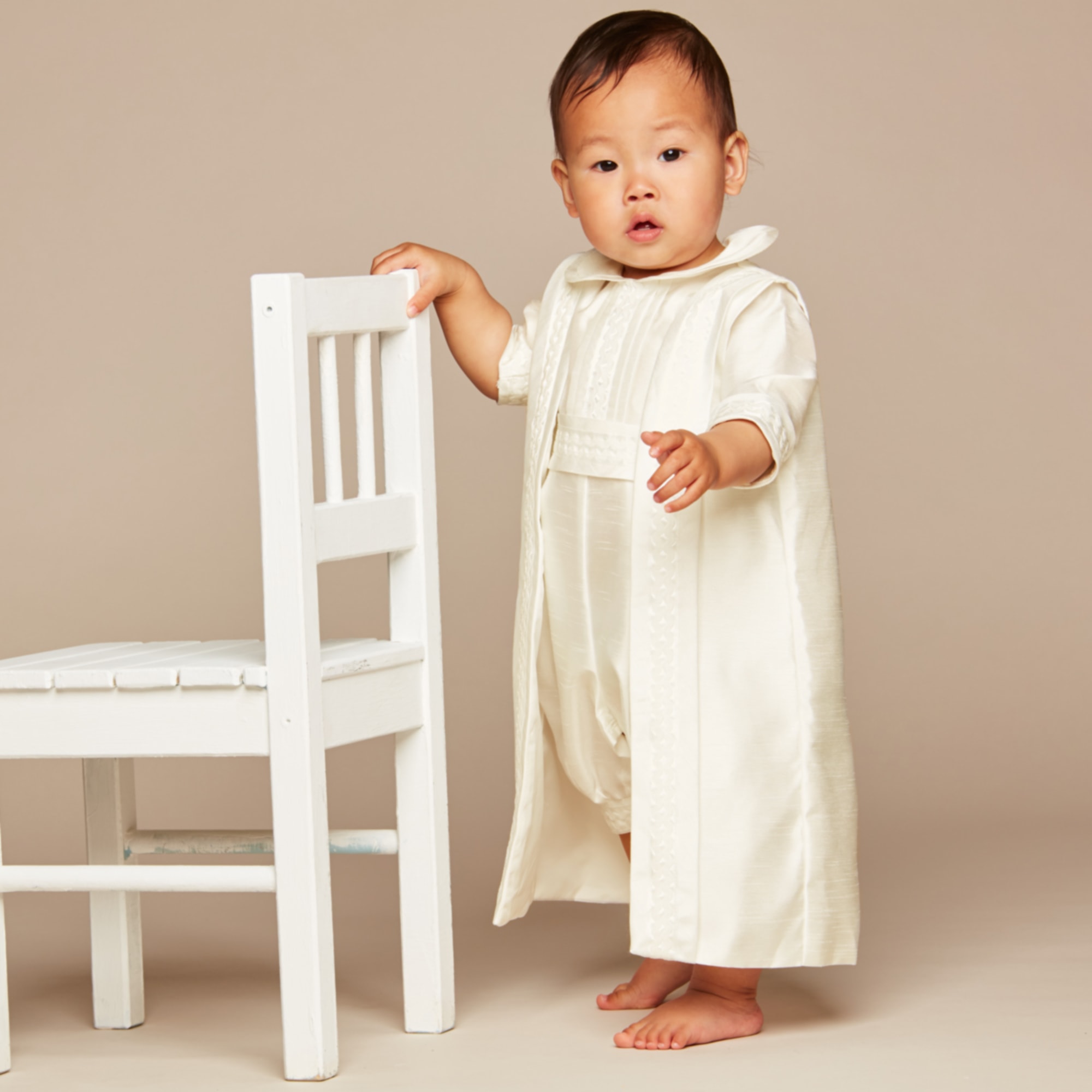Boys Ivory Satin Babysuit Set - View 2