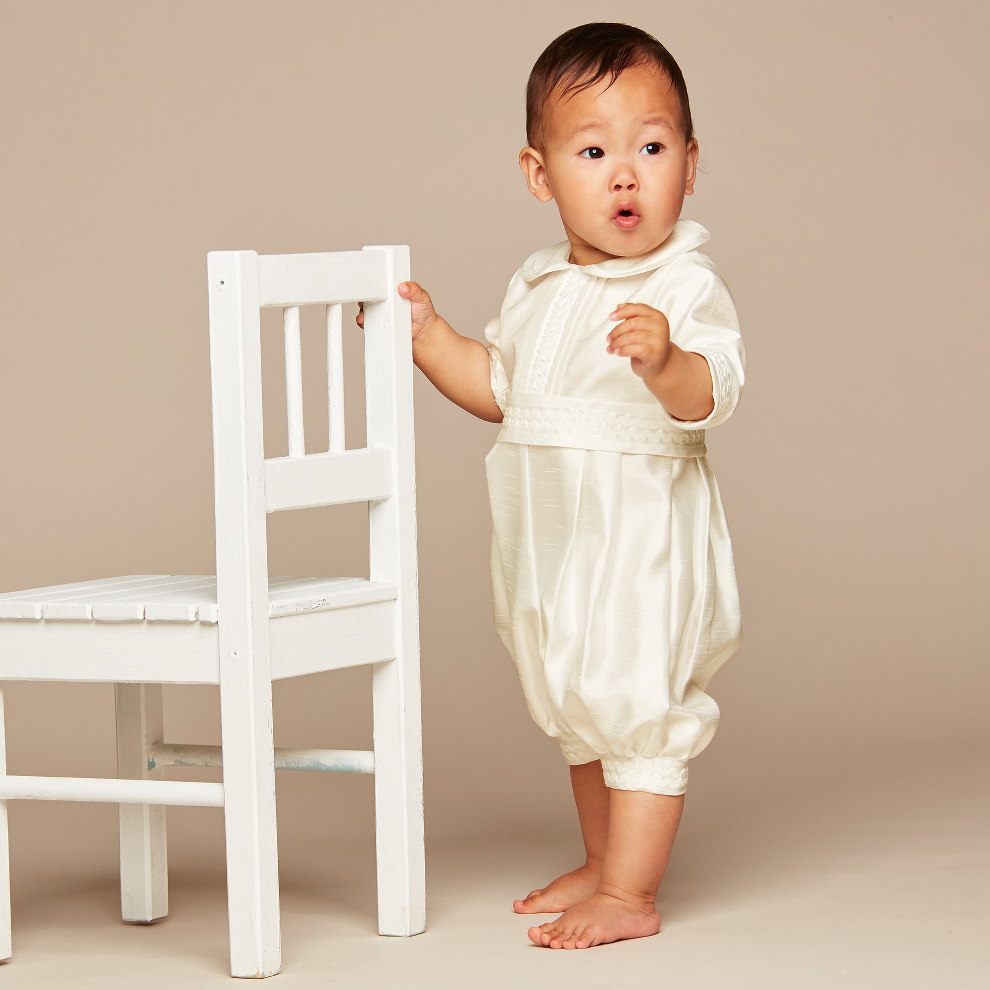 Boys Ivory Satin Babysuit Set - View 4