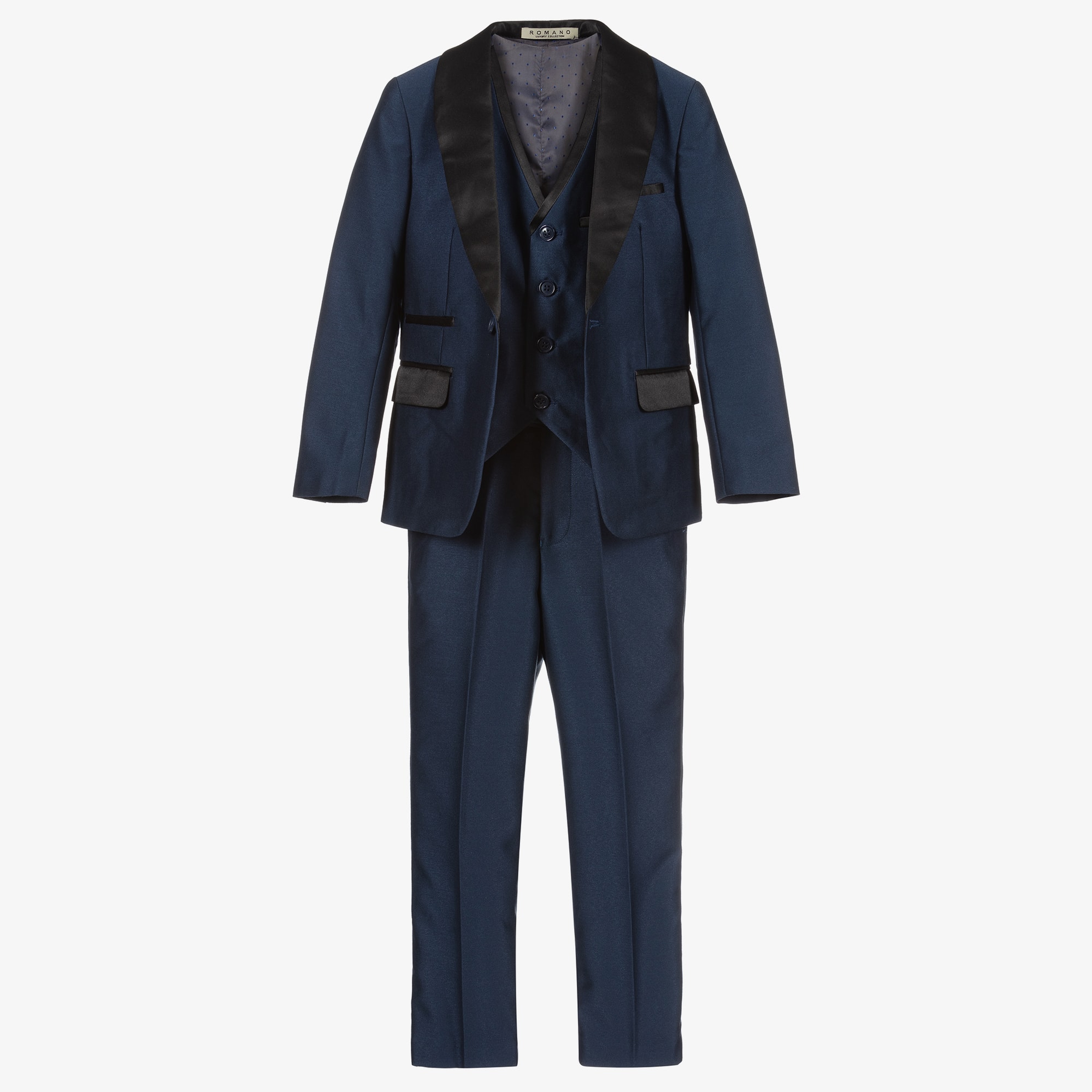 Boys Navy Blue Satin Suit - View 1