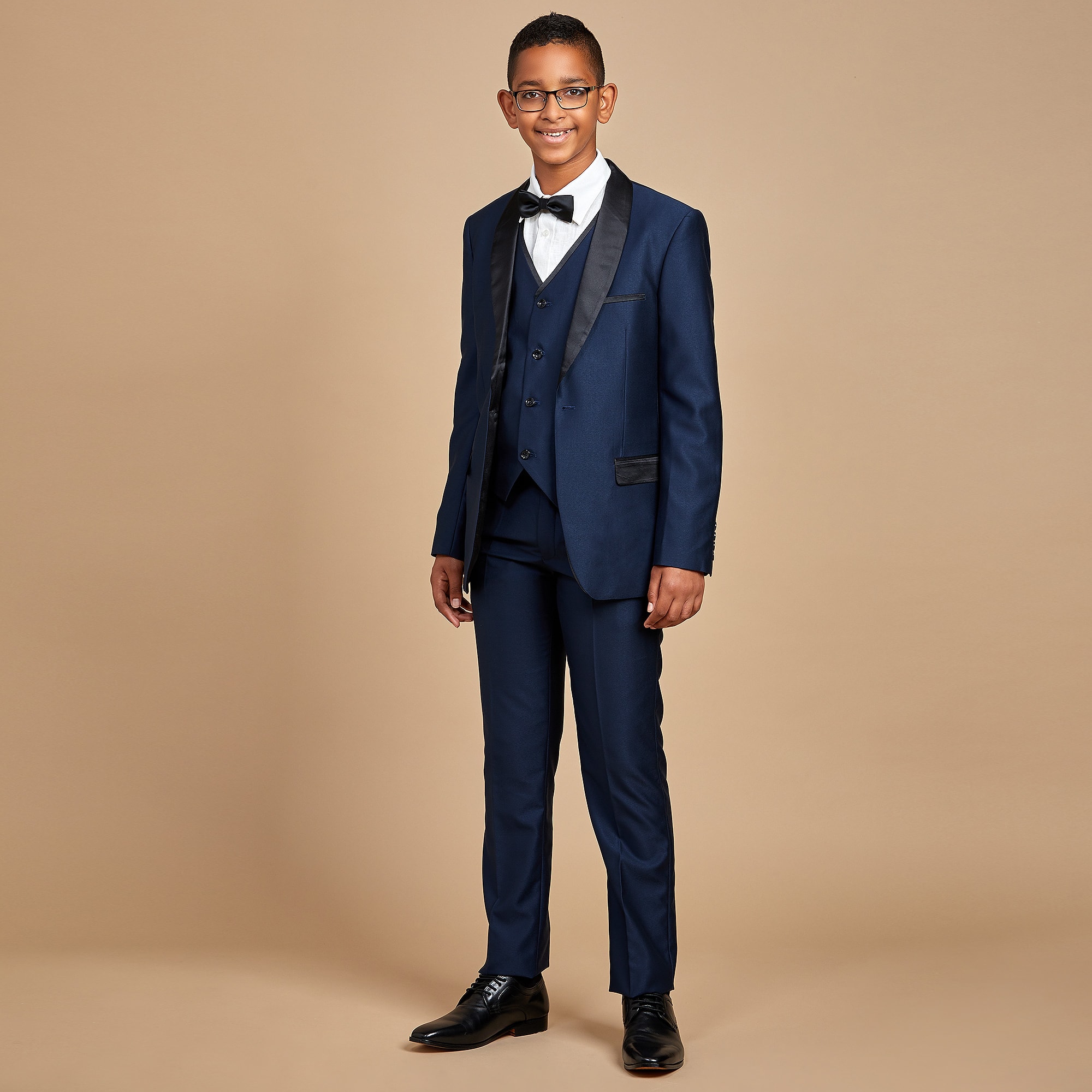 Boys Navy Blue Satin Suit - View 2