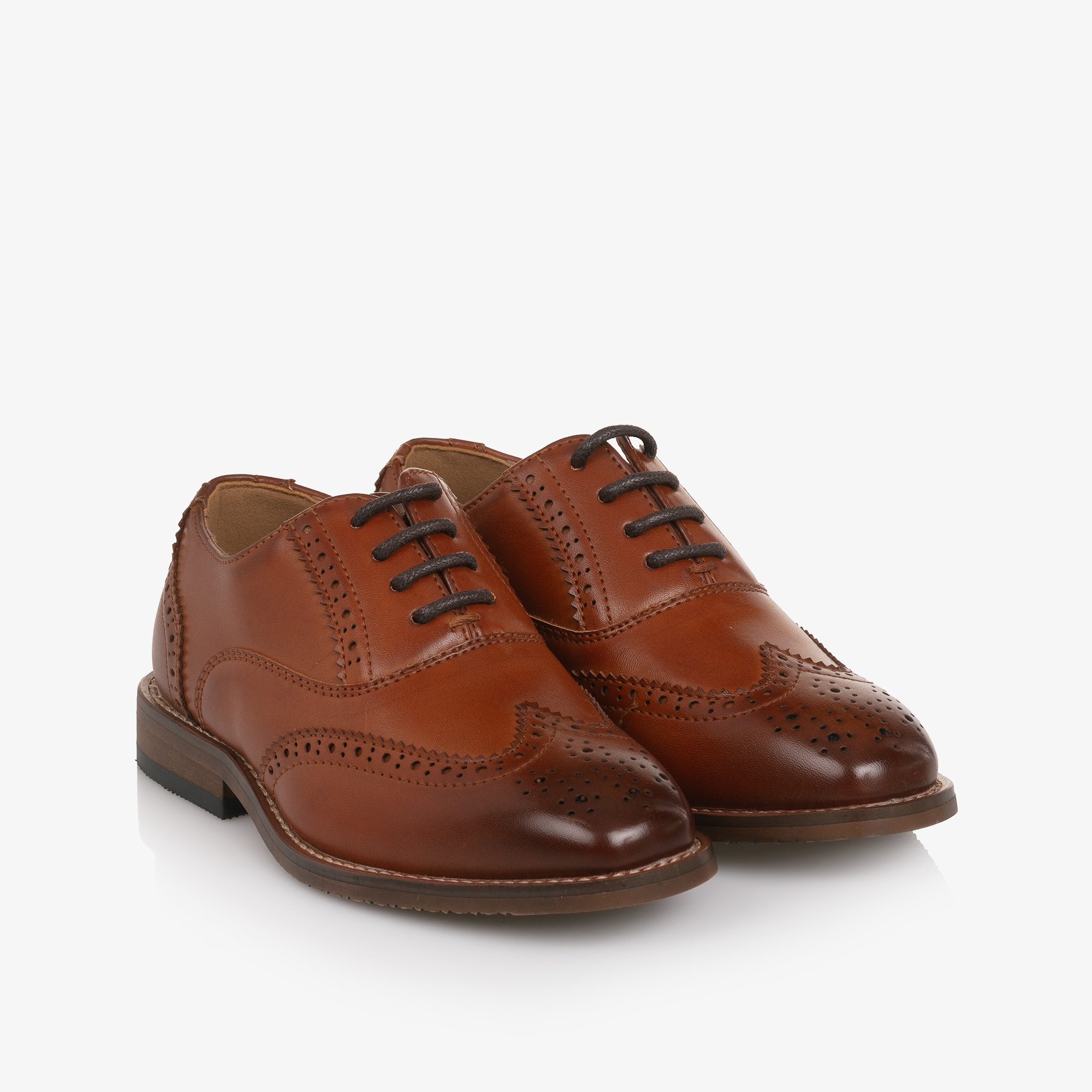 Boys Tan Brown Faux Leather Lace-Up Brogues - View 1