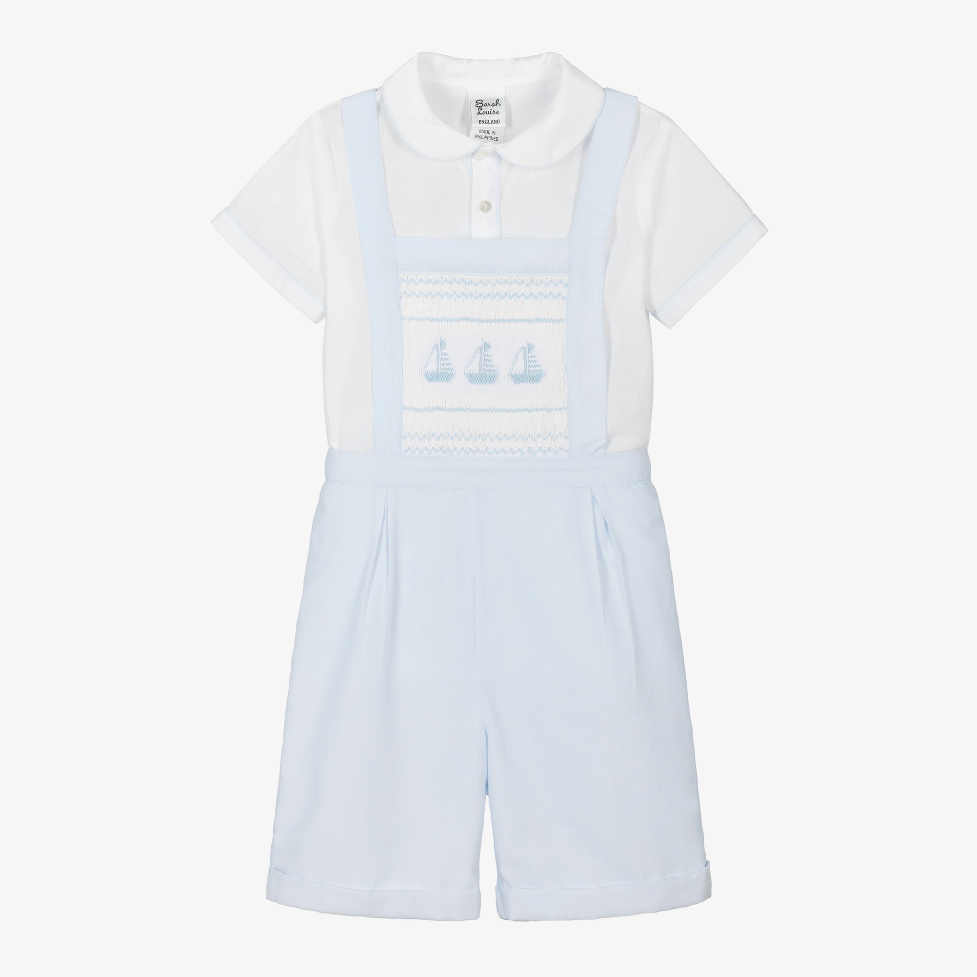 Boys Blue Smocked Dungaree Shorts Set - View 1
