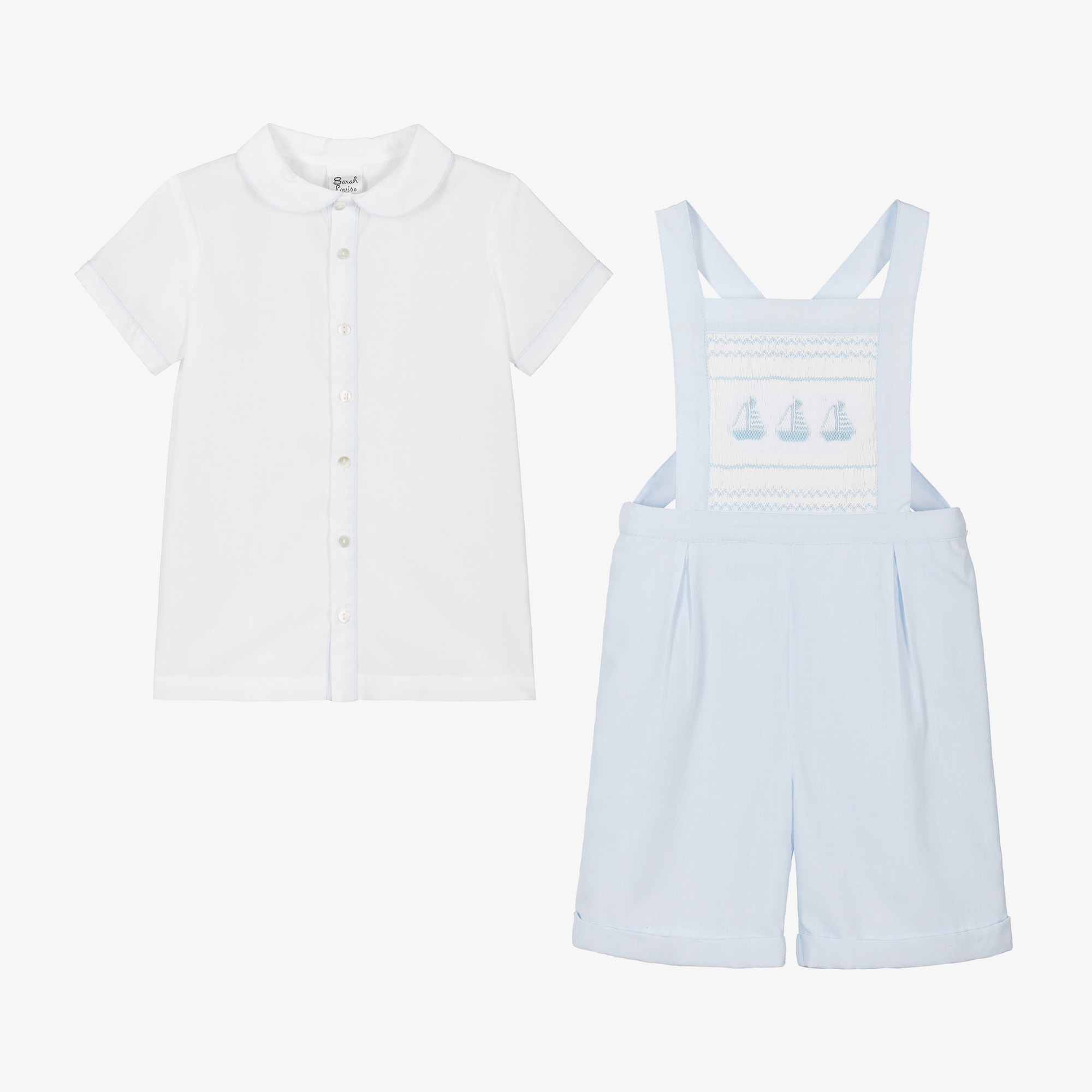 Boys Blue Smocked Dungaree Shorts Set - View 2