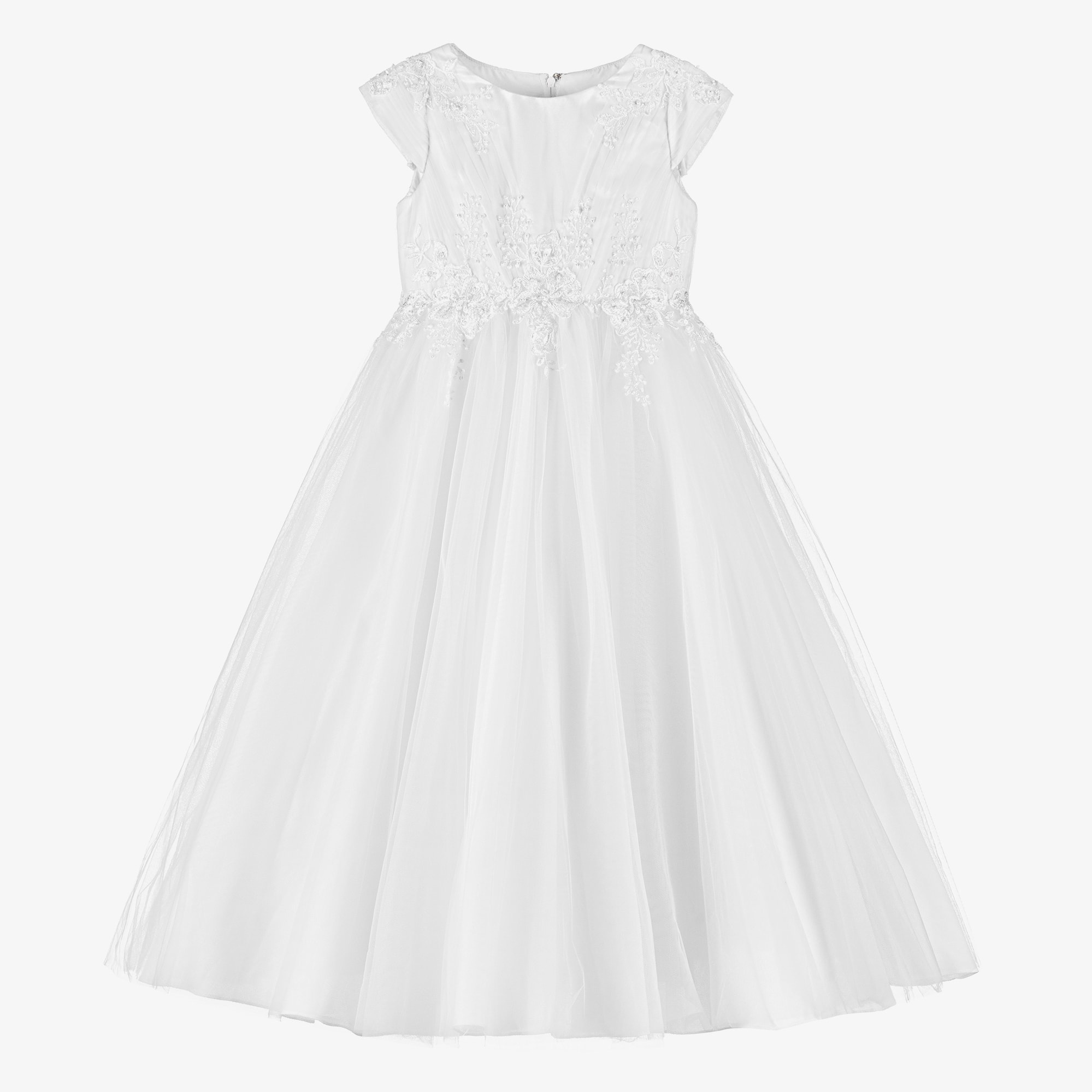 Girls White Floral Embroidery & Bead Tulle Dress - View 1