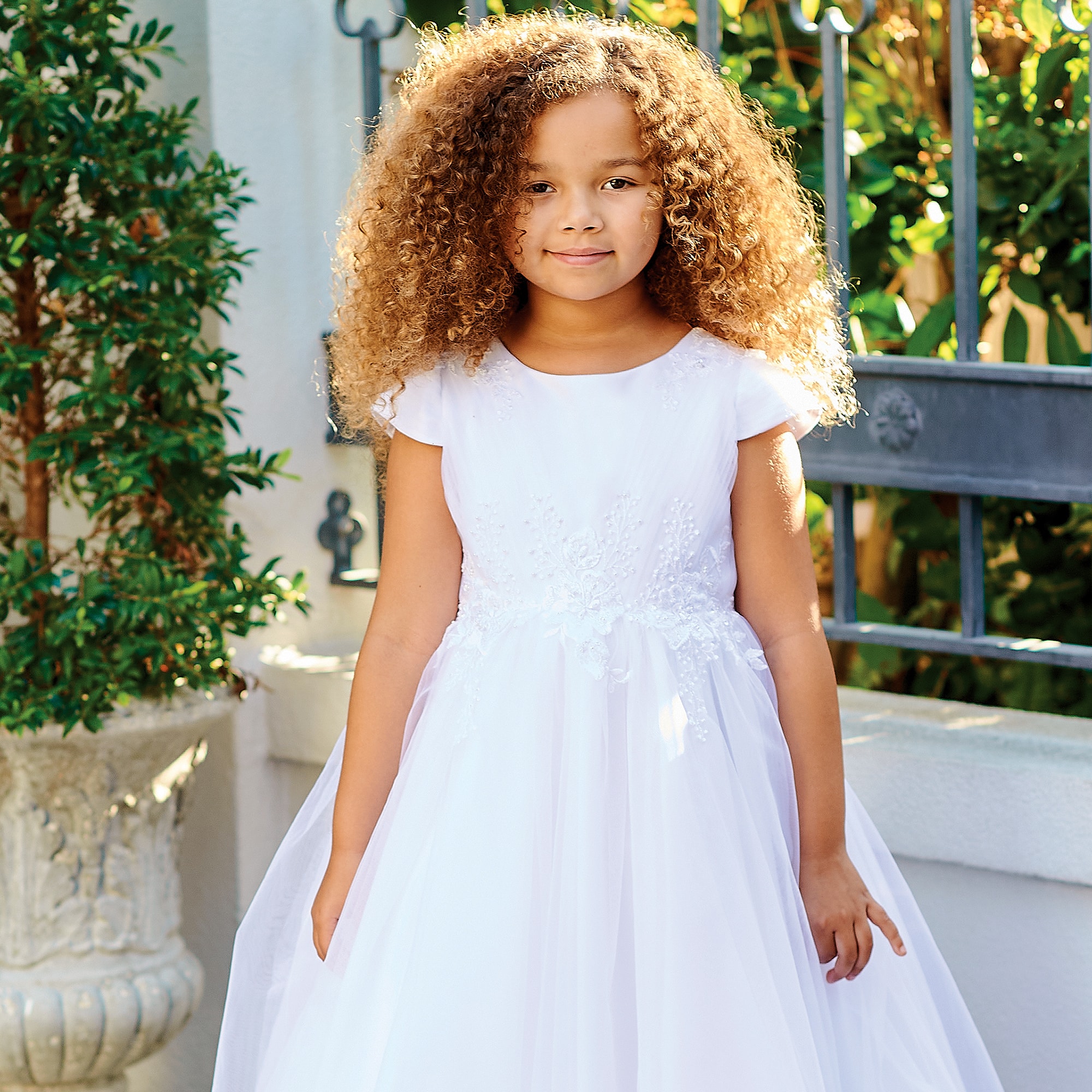 Girls White Floral Embroidery & Bead Tulle Dress - View 2