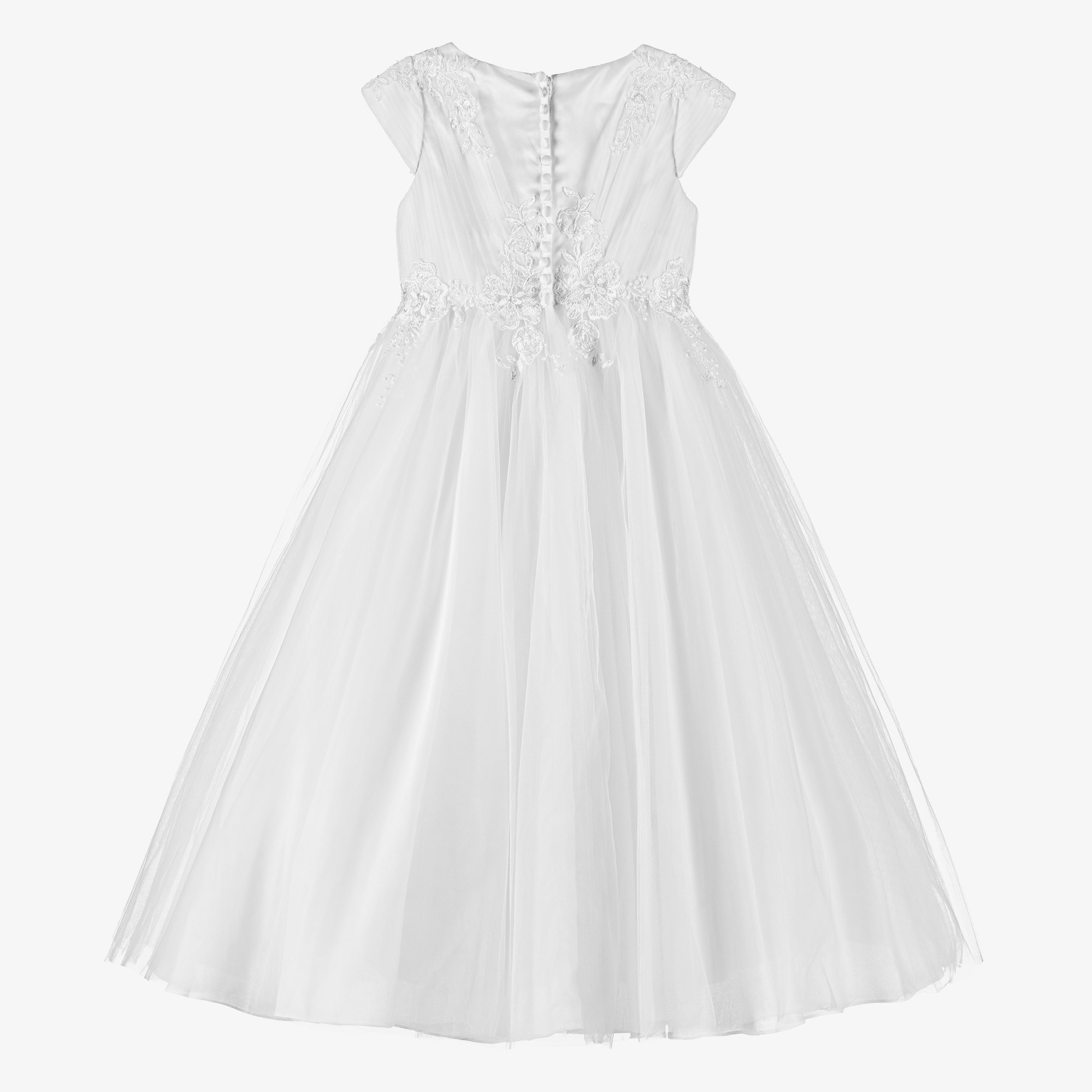 Girls White Floral Embroidery & Bead Tulle Dress - View 3