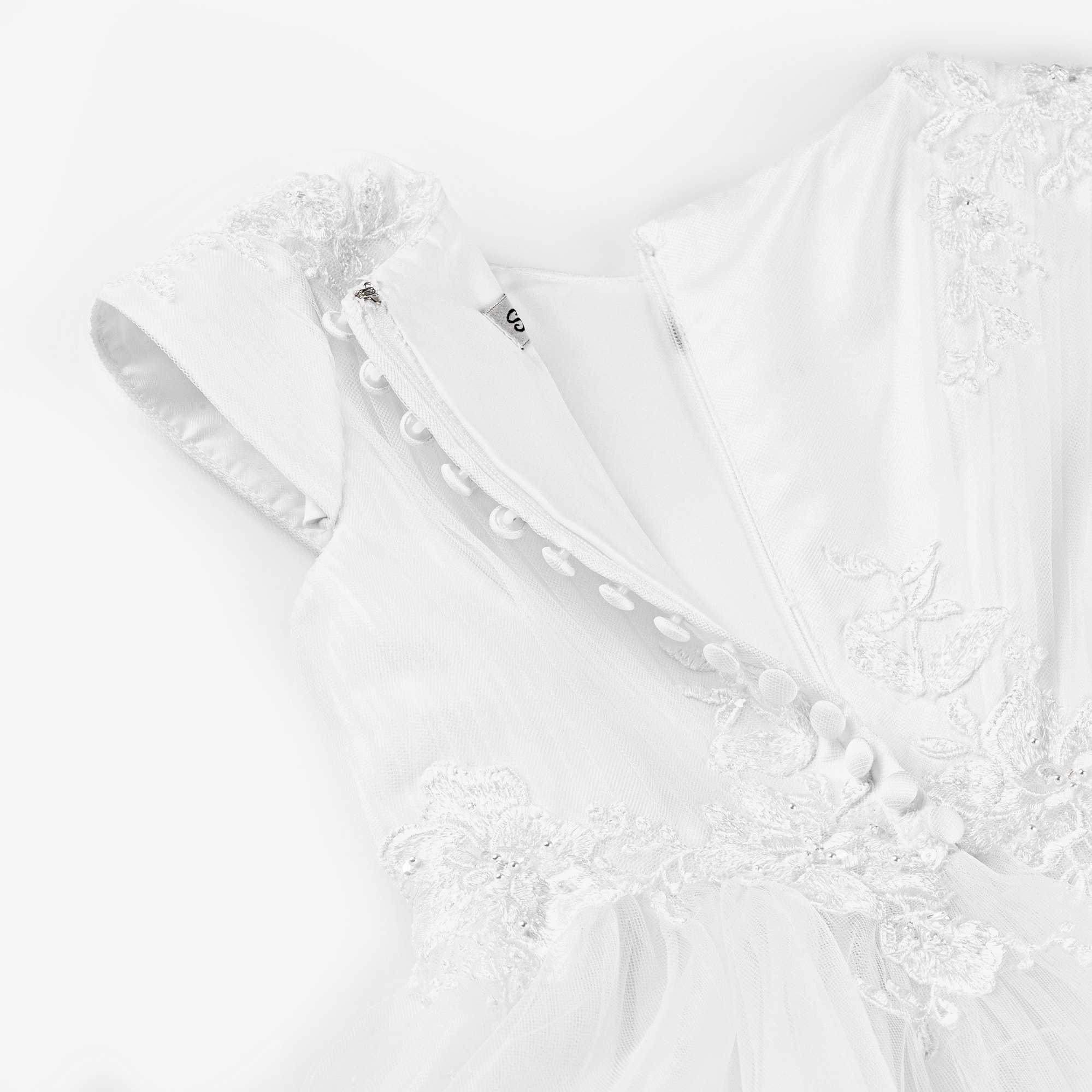 Girls White Floral Embroidery & Bead Tulle Dress - View 4