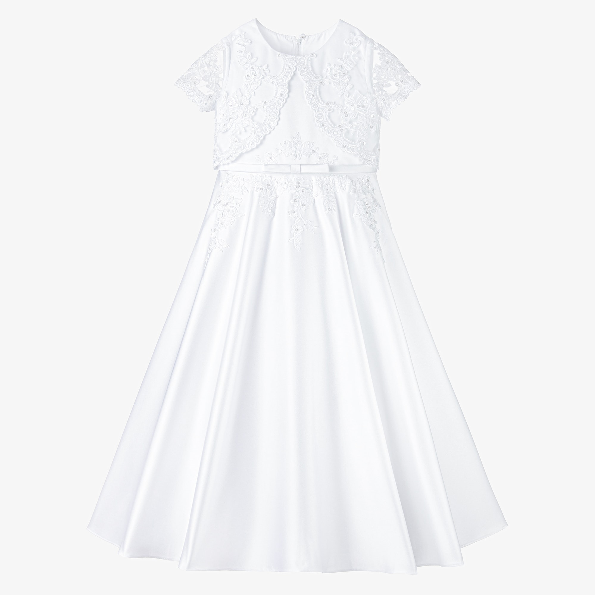 White Satin & Embroidered Tulle Communion Dress - View 1