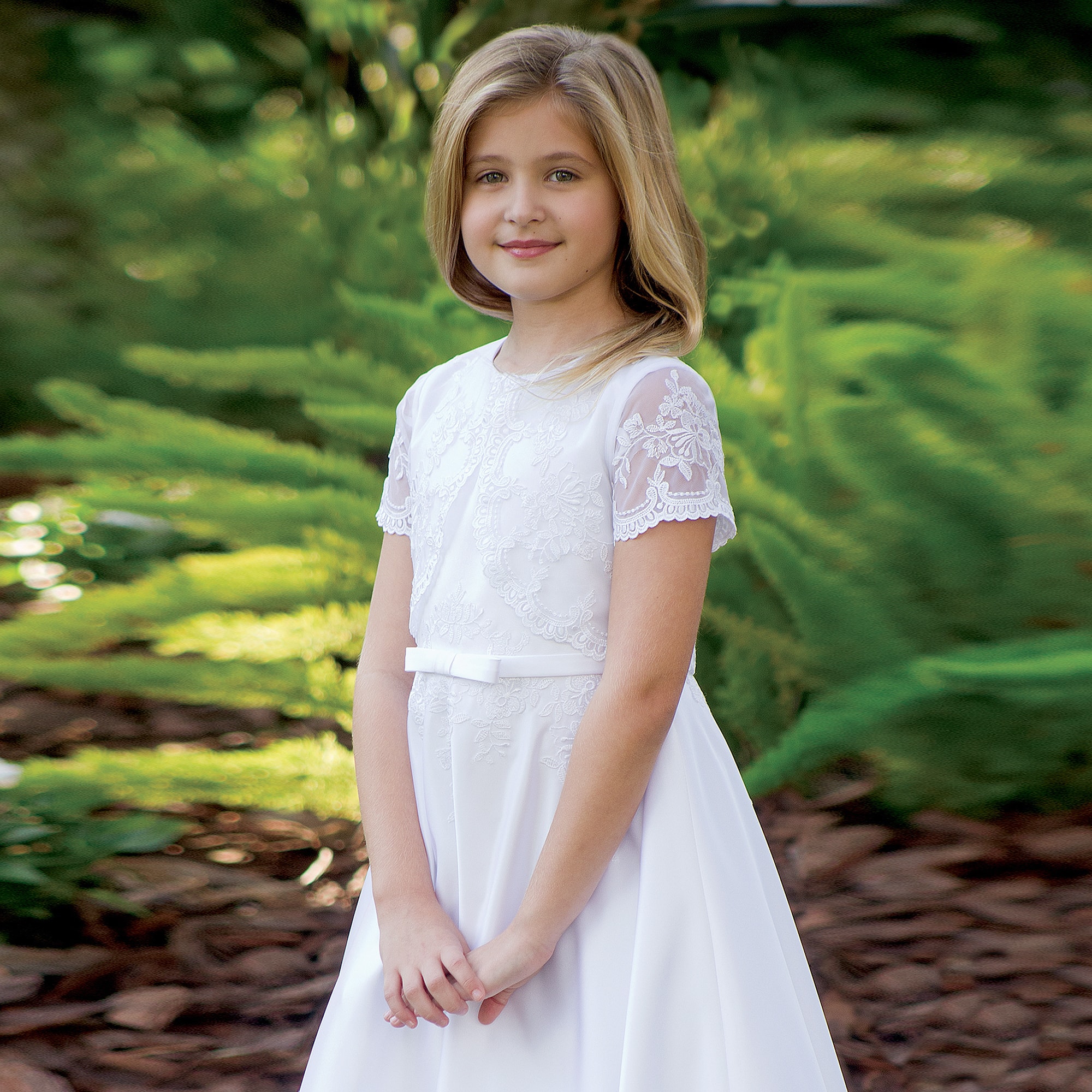 White Satin & Embroidered Tulle Communion Dress - View 2