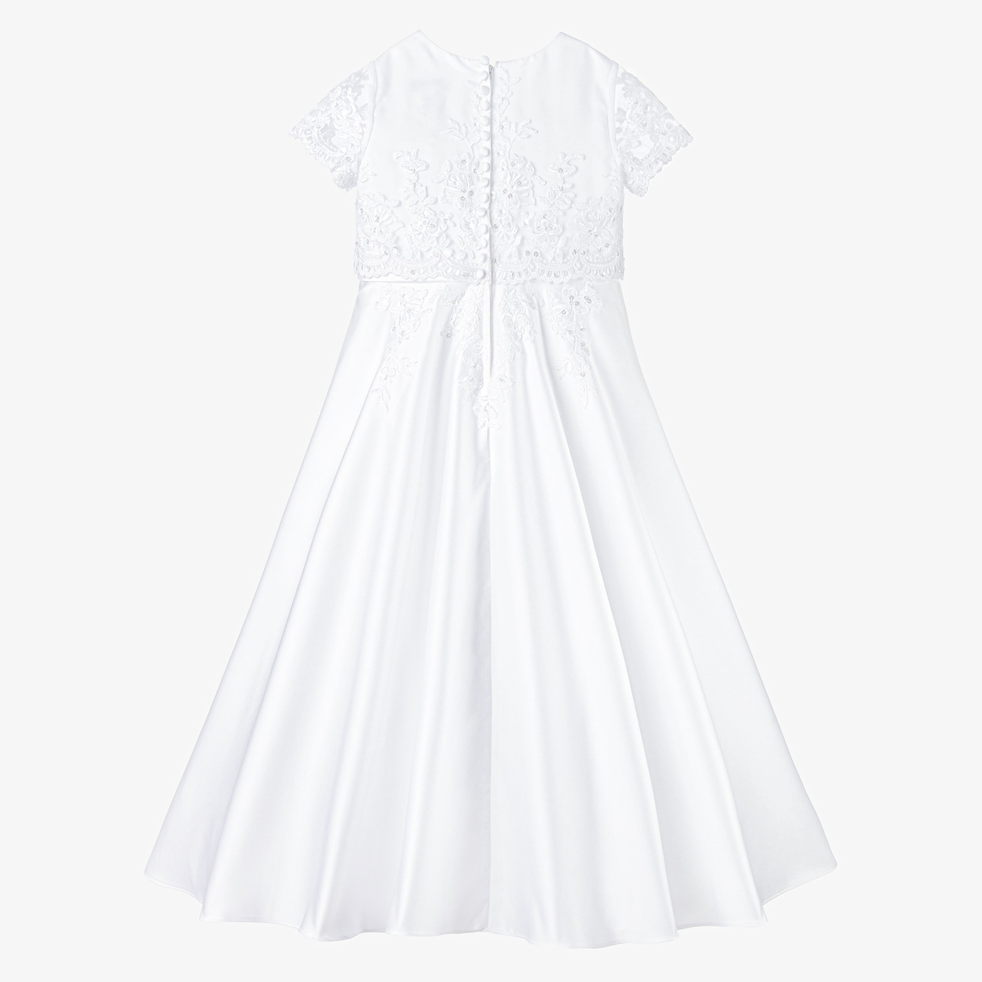 White Satin & Embroidered Tulle Communion Dress - View 3