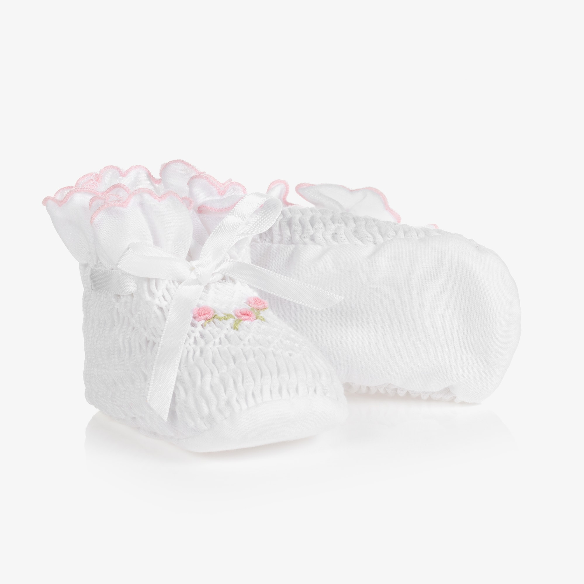 White Smocked Baby Girls Booties - View 1